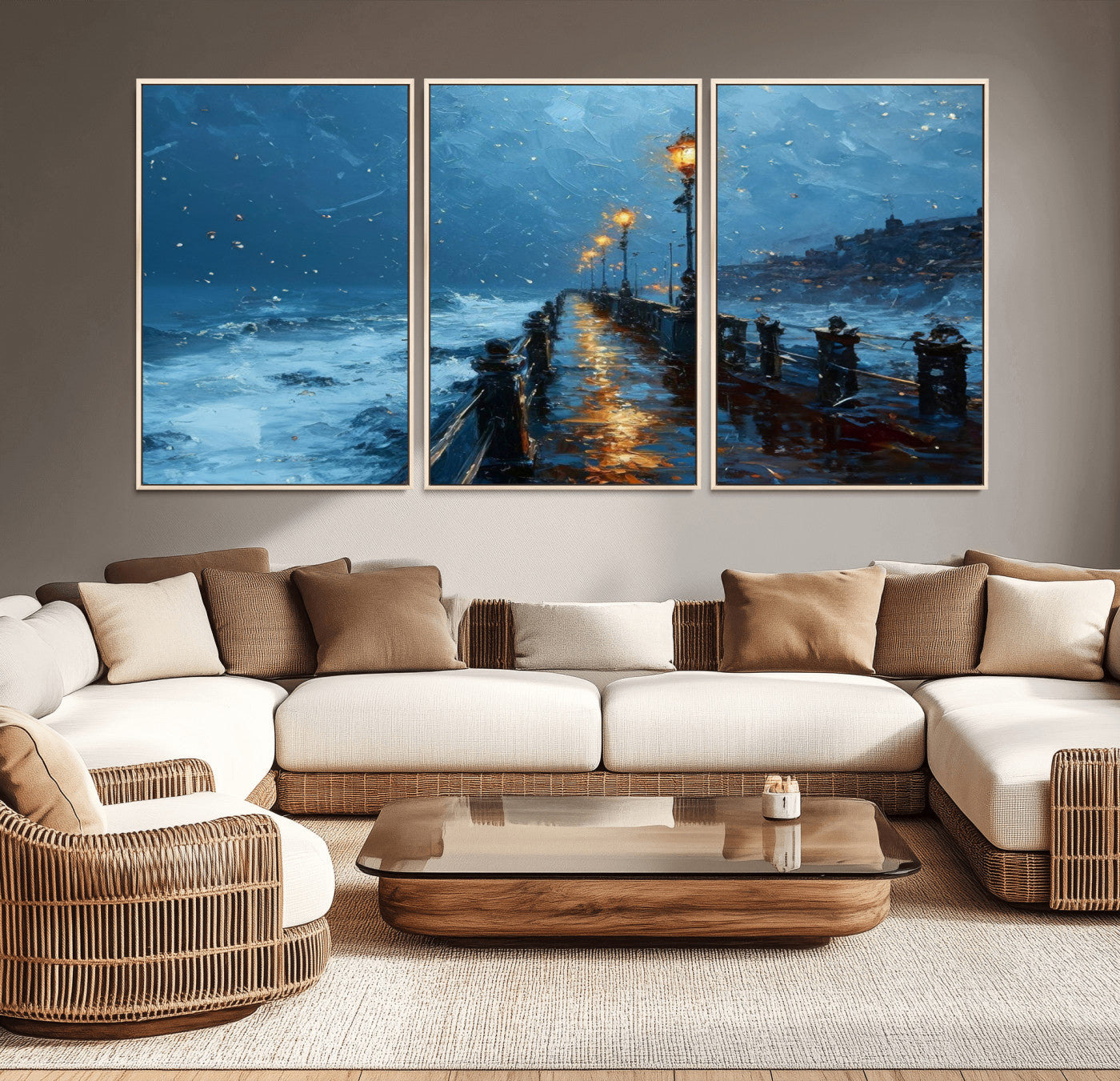 MGV-FC-60X30-3P - Stormy Night at Beach Pier Oil Painting Large Wall Art Print, Framed Canvas Nature Wall Decor,