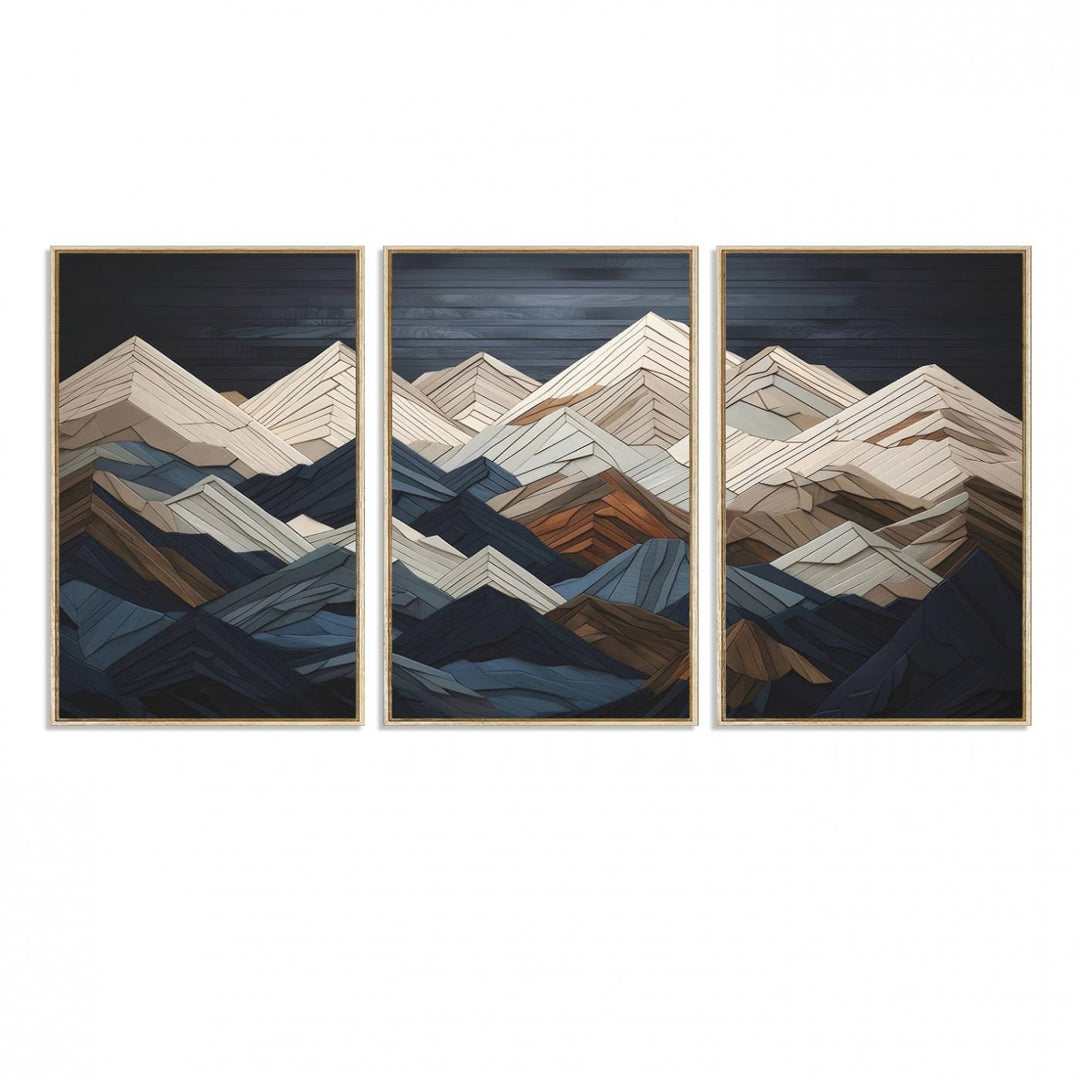 Abstract wood mountain range wall art in a 3-piece set featuring shades of blue, brown, and cream, ideal for modern rustic decor.