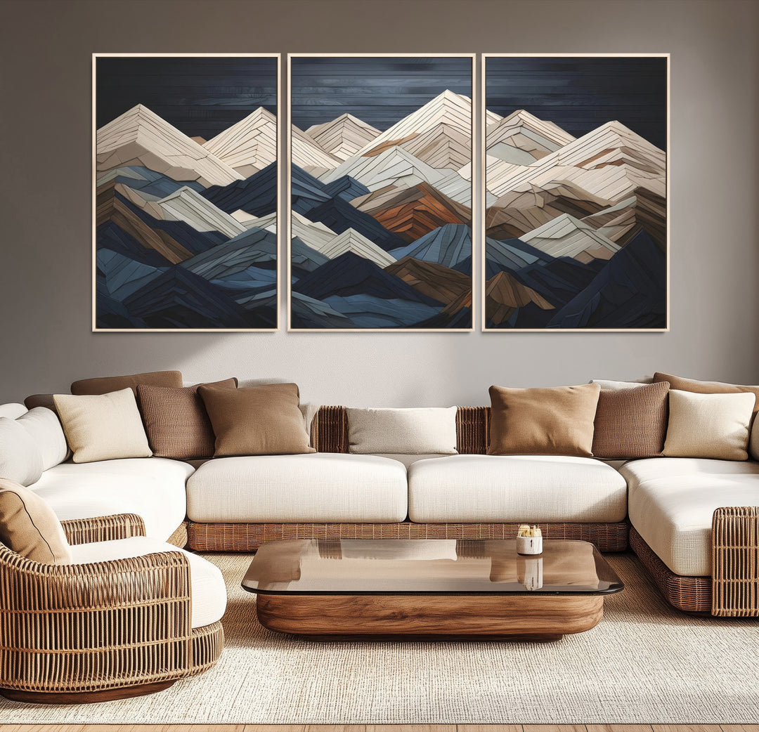 Rustic Mountain Landscape Wall Art Print - Wooden 3D Effect Mountain Canvas Print - Textured Peaks Wall Art for Cabin or Lodge Decor