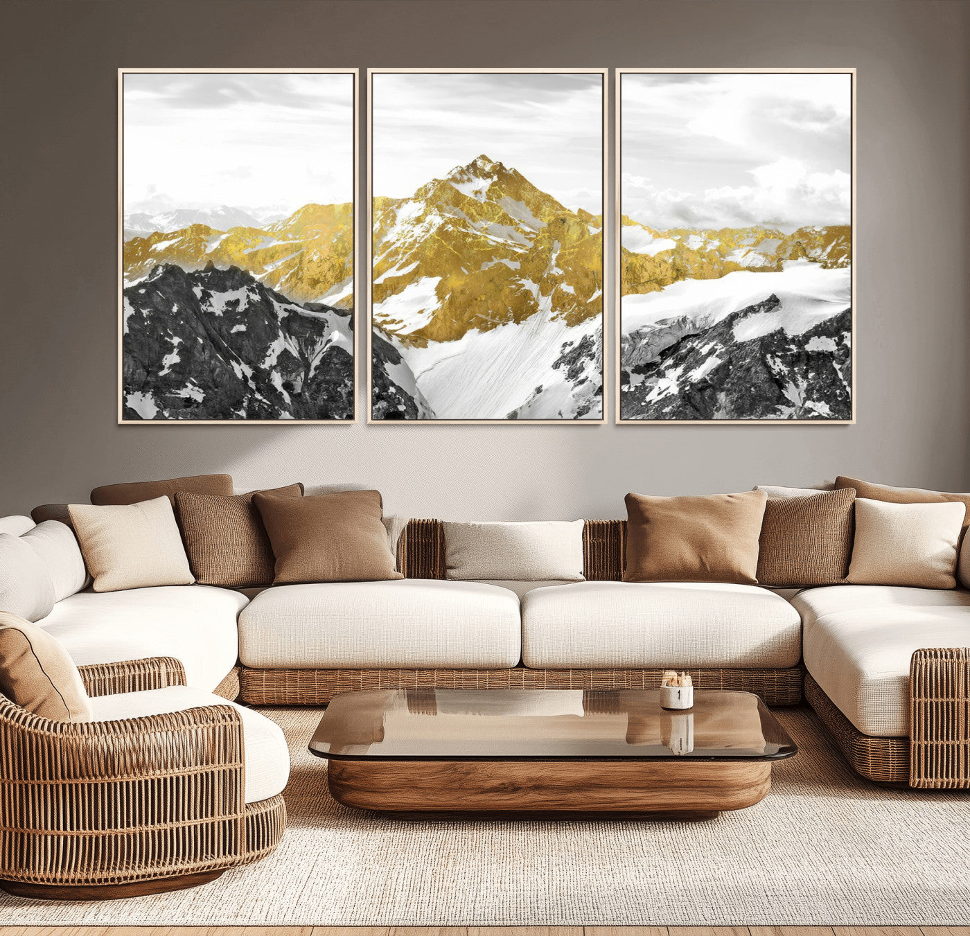 MGV-FC-60X30-3P - Gold Abstract Mountains Wall Art Print on Canvas, Nature Wall Art Print,