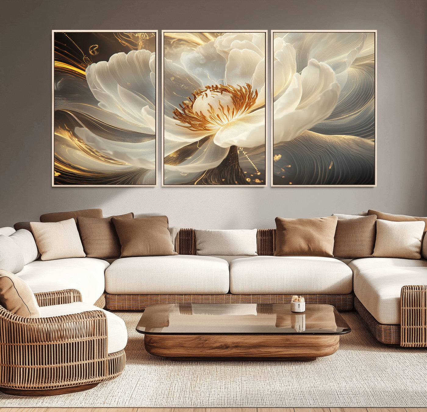MGV-FC-60X30-3P - Gold Floral Wall Art Canvas Print, Framed Modern Flower Art Picture Print, Golden Abstract Perfect Vintage Decor Artwork