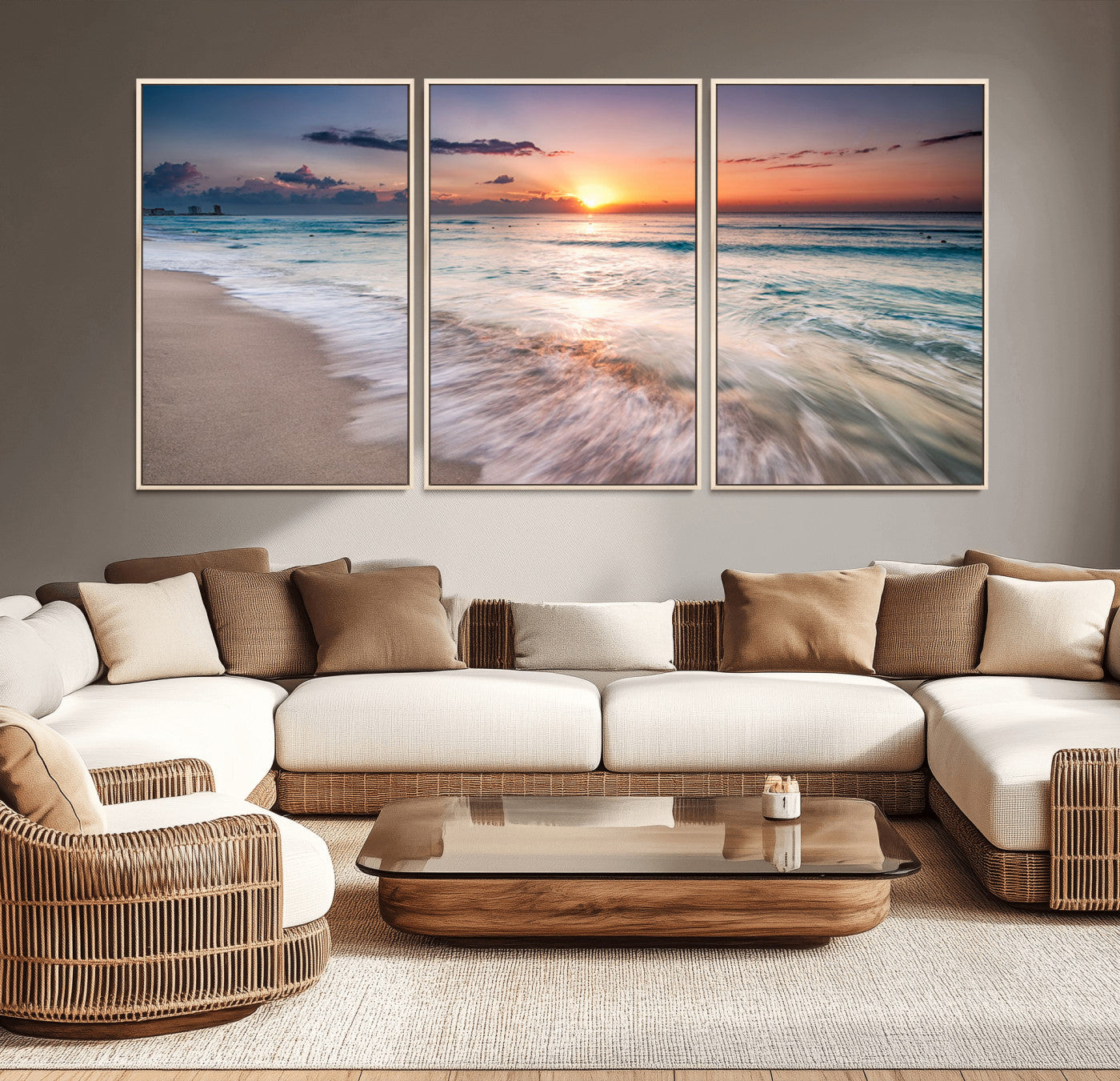 MGV-FC-60X30-3P - Sunset Beach Wall Art – Soothing Coastal Landscape, Ready to Hang for Tranquil Home Decor