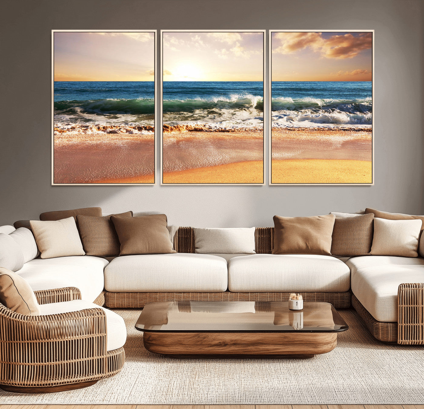 42011-MGV-CV-36X24-Sunset Beach Wall Art - 3-Panel Framed Canvas Print, Ready to Hang Ocean Sunset for Coastal and