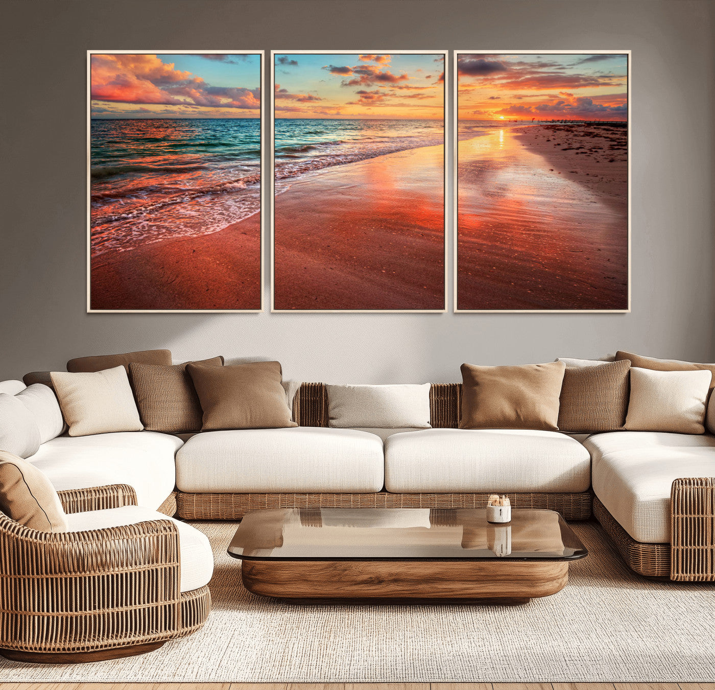 MGV-FC-60X30-3P - Sunset Beach Wall Art | Ocean Canvas Print | Coastal Wall Art | Tranquil Sunset Canvas Print
