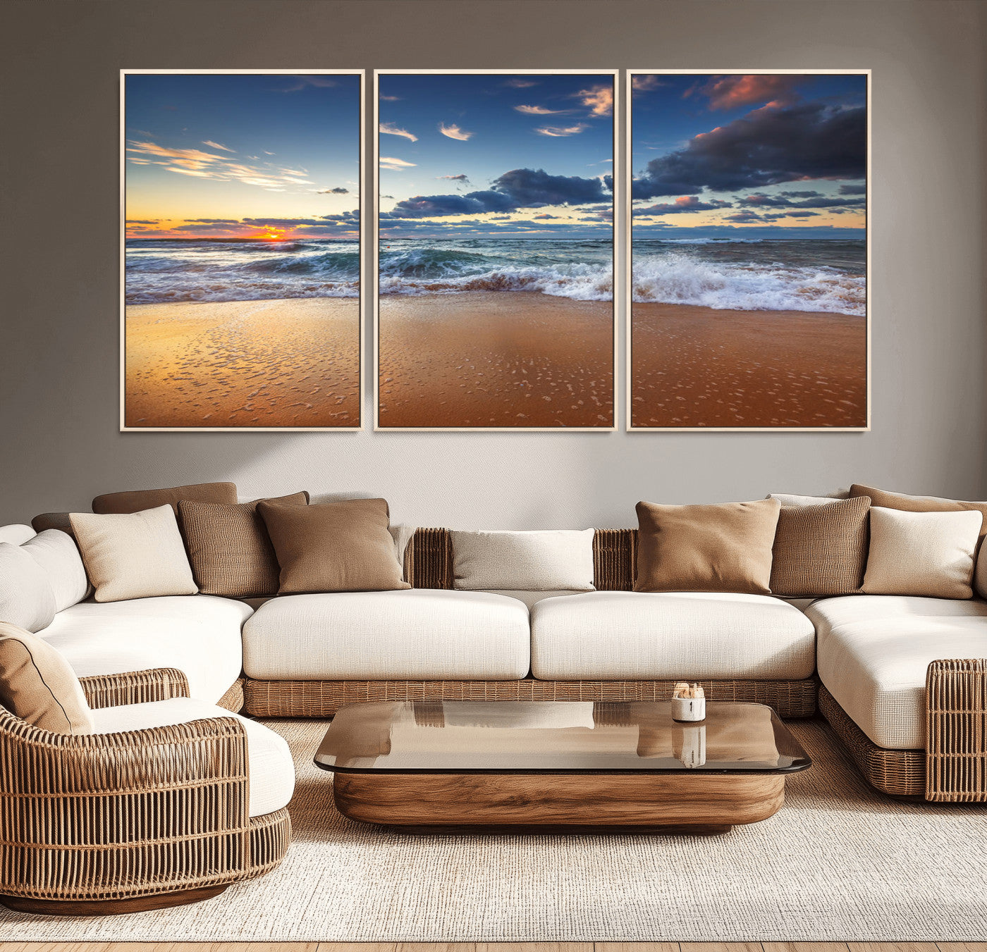 MGV-FC-60X30-3P - Beach Canvas Wall Art - Coastal Seascape Print for Living Room or Bedroom, Ocean Waves on Sand,