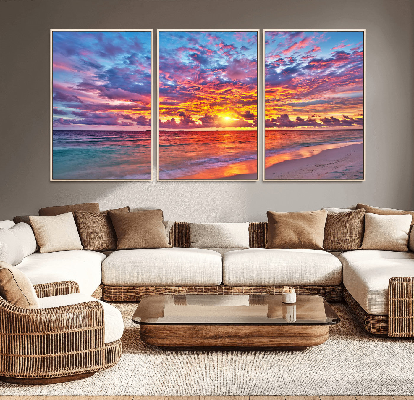 MGV-FC-60X30-3P - Vibrant Sunset Beach Wall Art - Ocean Sunset Canvas Print | Coastal Wall Art Decor Stunning Sunset