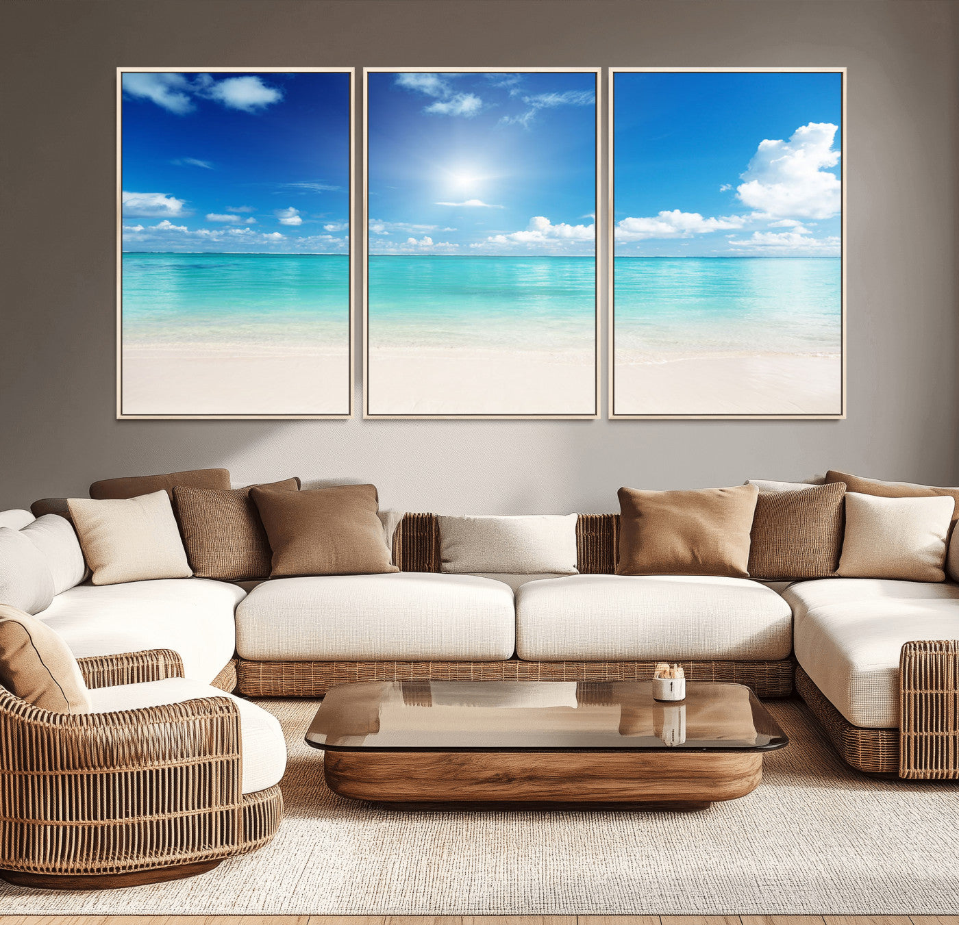 MGV-FC-60X30-3P - Blue Ocean Wall Art Canvas Print - Tranquil Ocean Paradise Triptych Wall Art - Ready to Hang Beach