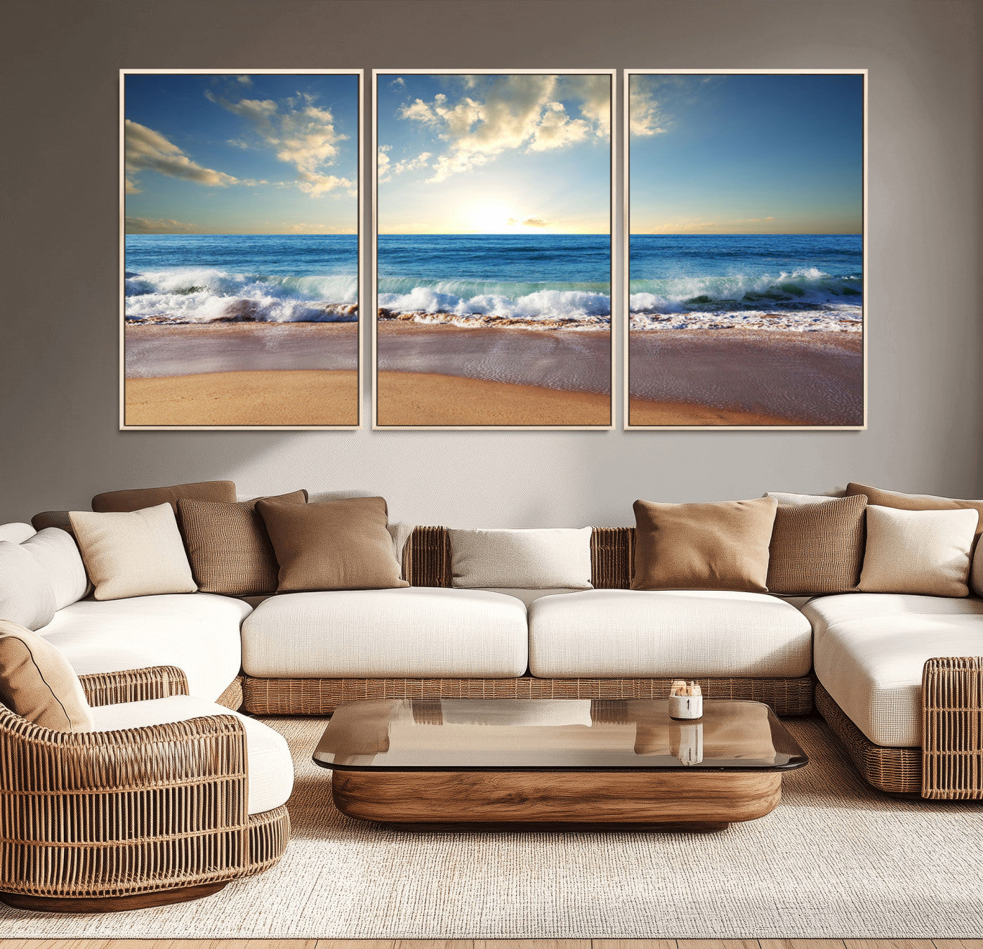 MGV-FC-60X30-3P - Serene Ocean Sunset Canvas Wall Art - Beach Waves at Sunset, Ready to Hang