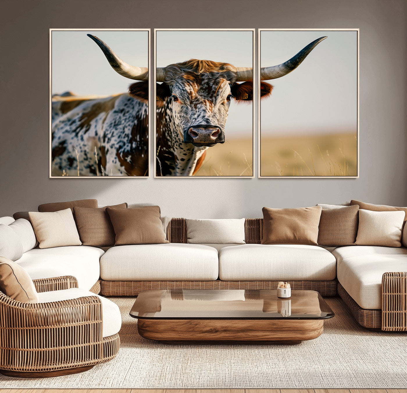 MGV-FC-60X30-3P - Texas Bull Longhorn Wall Art Canvas Print for Farm House Wall Decor, Farmhouse Wall Art Print