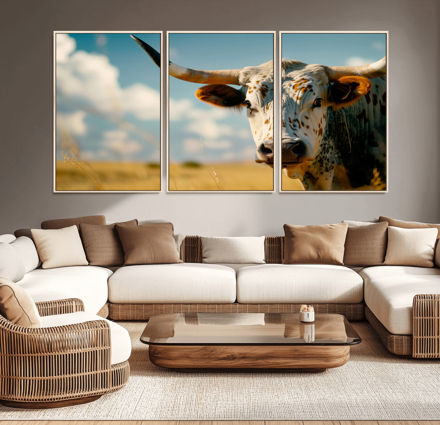 MGV-FC-60X30-3P - Longhorn in the Prairie - Stunning Ranch-Style Triptych Wall Art for Western Home Decor, Cowboy Wall