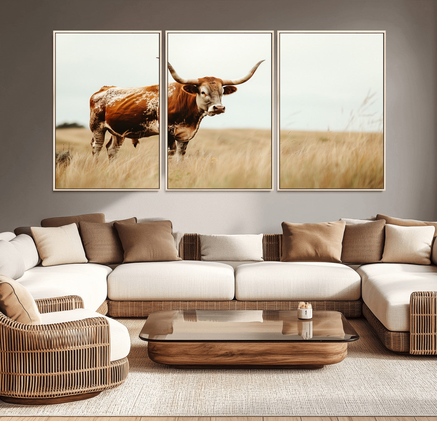 MGV-FC-60X30-3P - Texas Longhorn Canvas Wall Art Print – Majestic Western Cattle in Rustic Farmhouse Decor – Cow Wall