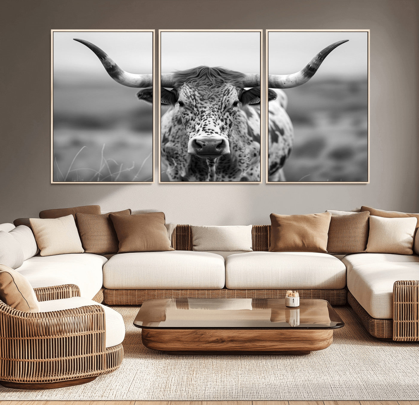 MGV-FC-60X30-3P - Texas Cow Longhorn Wall Art Canvas Print for Farm House Wall Decor, Farmhouse Wall Art Print
