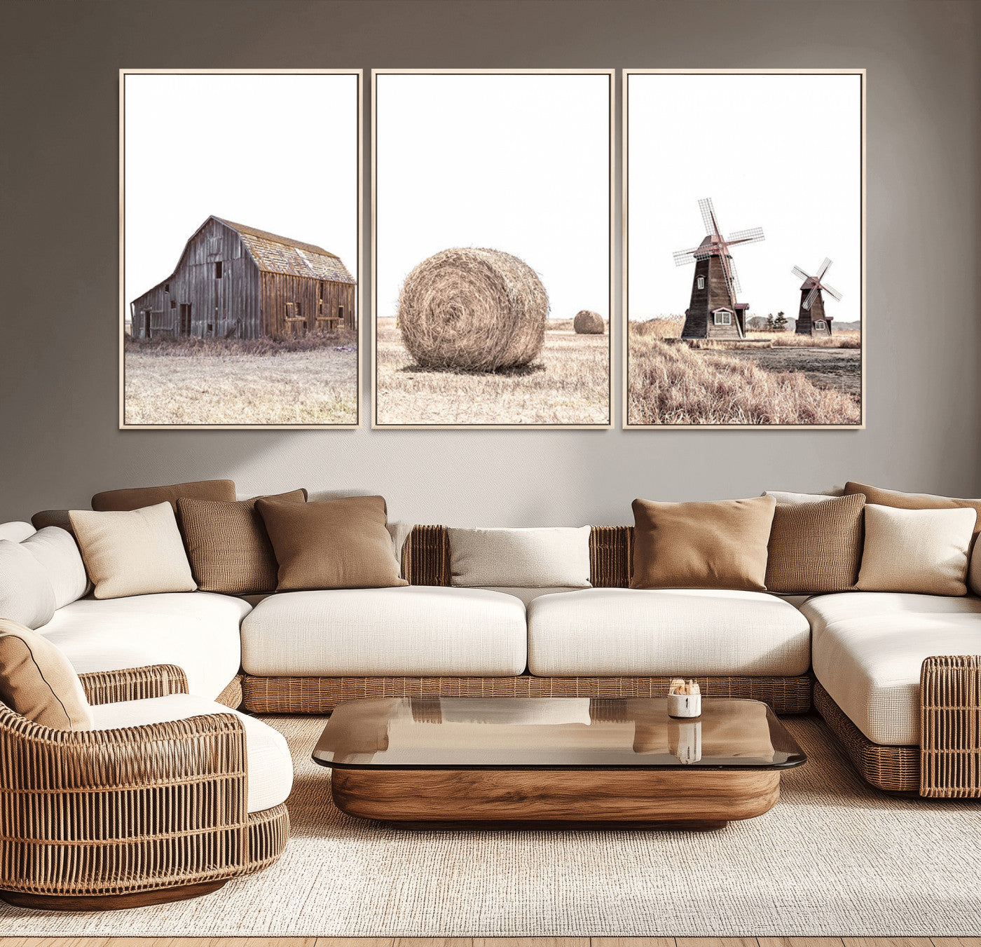 MGV-FC-60X30-3P - Farm Prints Set, Set of 3 Farmhouse Wall Art, Country House Decor, Barn Print, Wheat Print,
