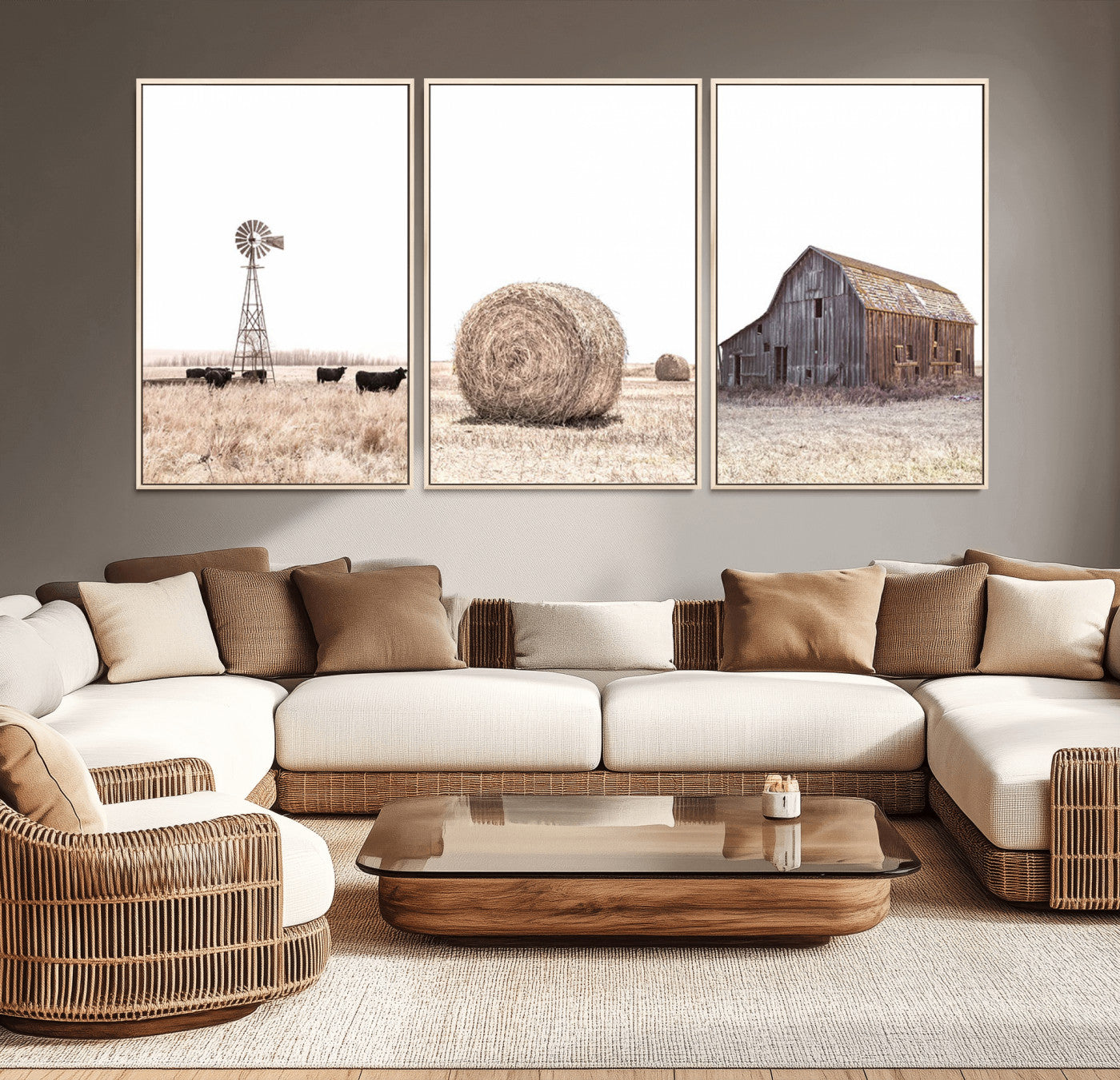 MGV-FC-60X30-3P - Rustic Farmhouse Wall Art Set of 3 – Country Barn and Wheat Field | Farm Prints for Country Home and