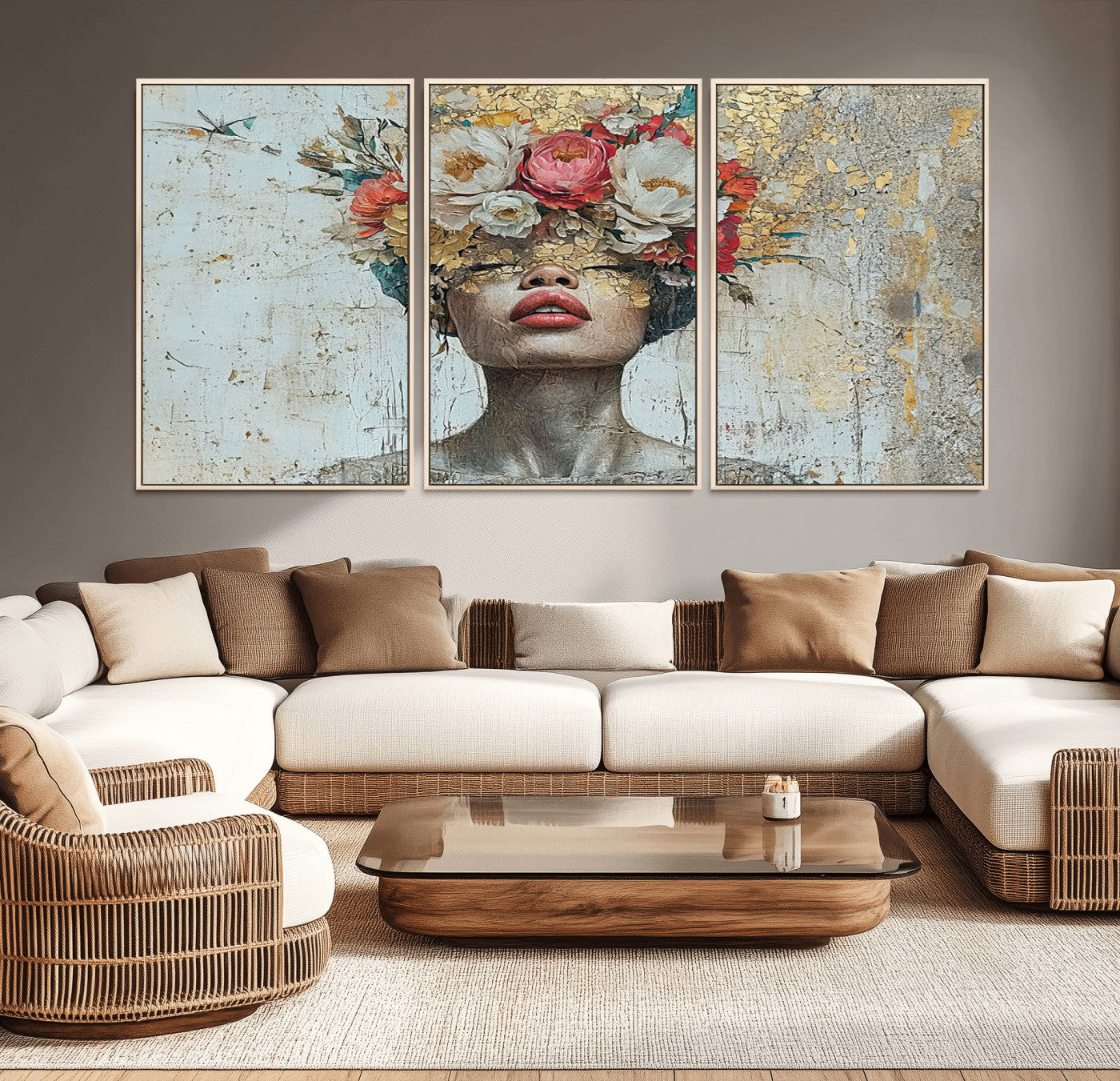 26919-MGV-FC-60X30-3P_Natural-Golden Petal Wall Art Canvas Print - Silhouette Woman Wall Art Canvas Print, Floral Woman Portrait