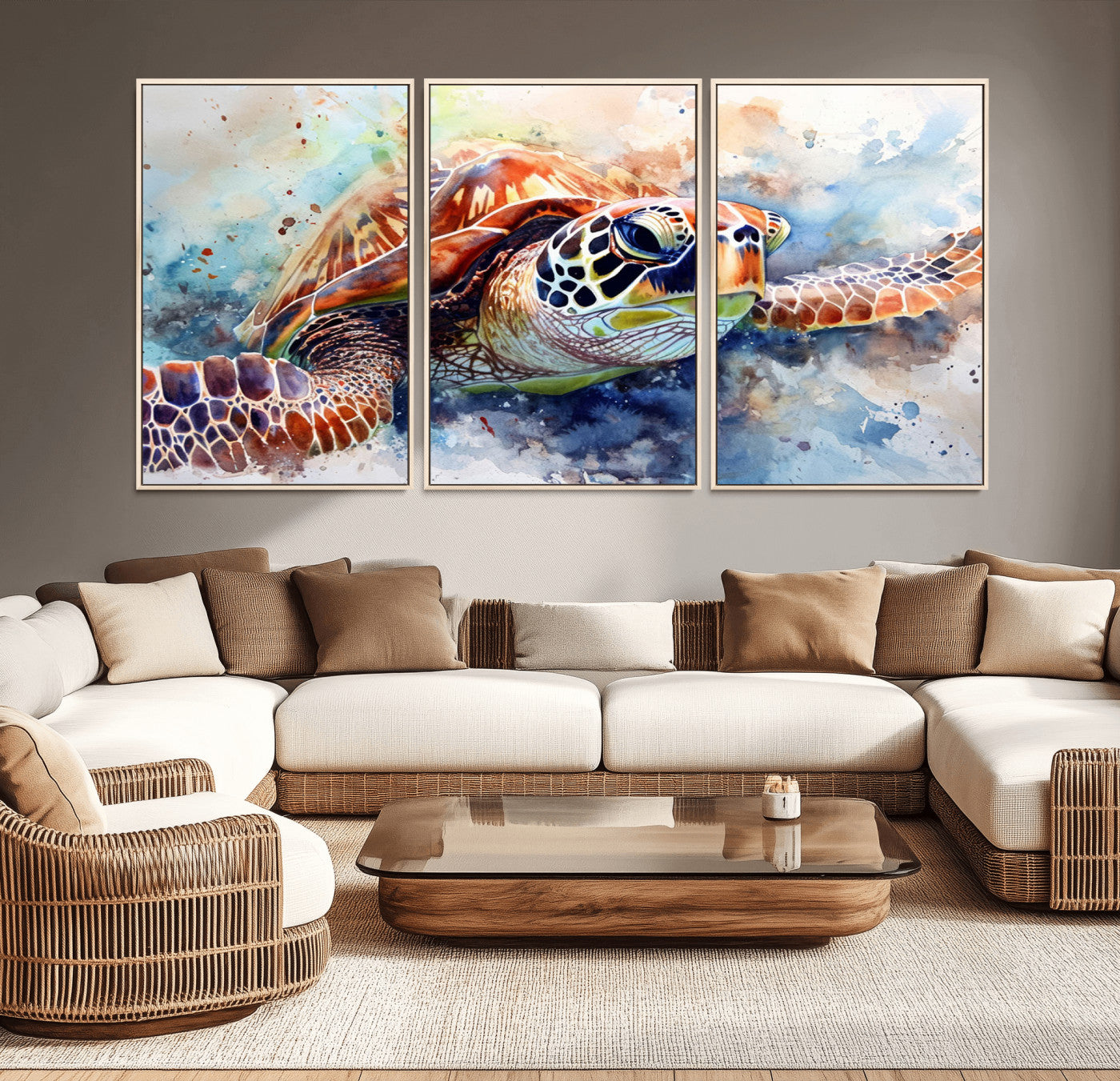 MGV-FC-60X30-3P - Watercolor Sea Turtle Wall Art Canvas Print - Vibrant Ocean Colors in Watercolor Style - Ready to