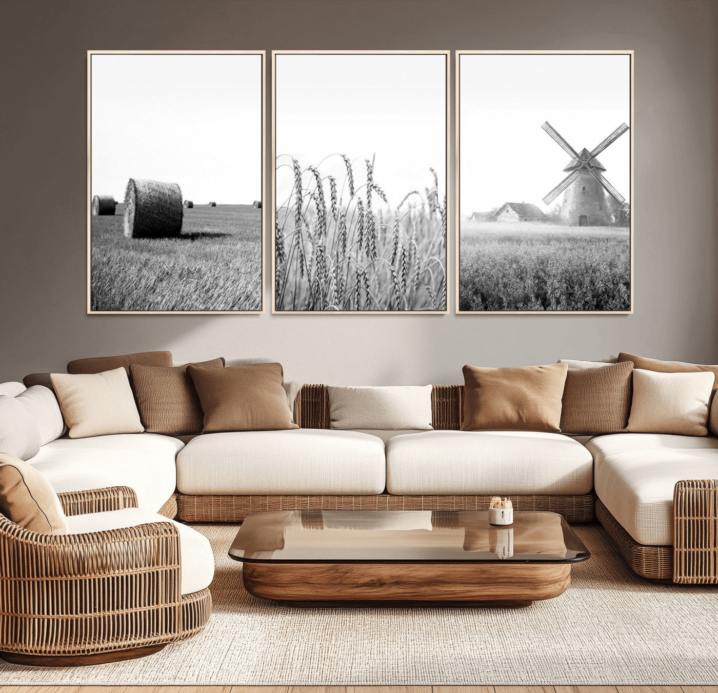 MGV-FC-60X30-3P - Vintage Farmhouse Black and White Triptych Wall Art – Giclee Canvas Featuring Wheat Fields, Hay