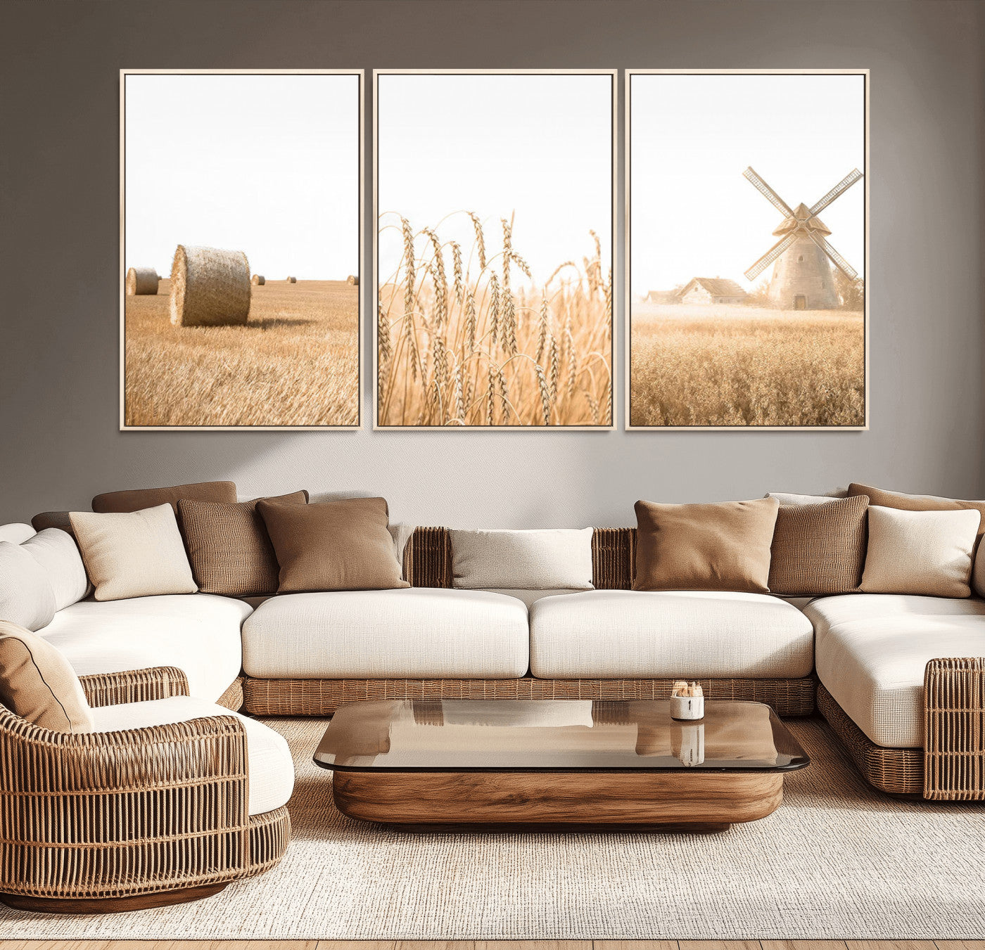 88780-MGV-CV-36X24-Vintage Farmhouse Triptych Wall Art – Giclée Canvas Featuring Wheat Fields, Hay Bales, and a