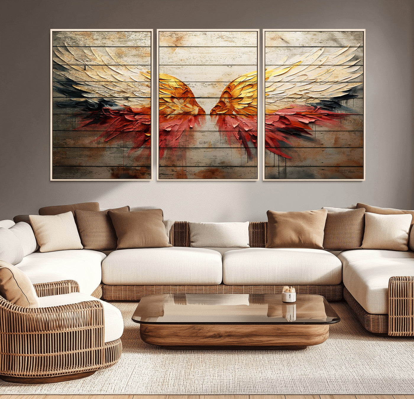 MGV-FC-60X30-3P - Abstract Angel Wings Canvas Wall Art – Framed and Ready to Hang Modern Angelic Wings Decor for