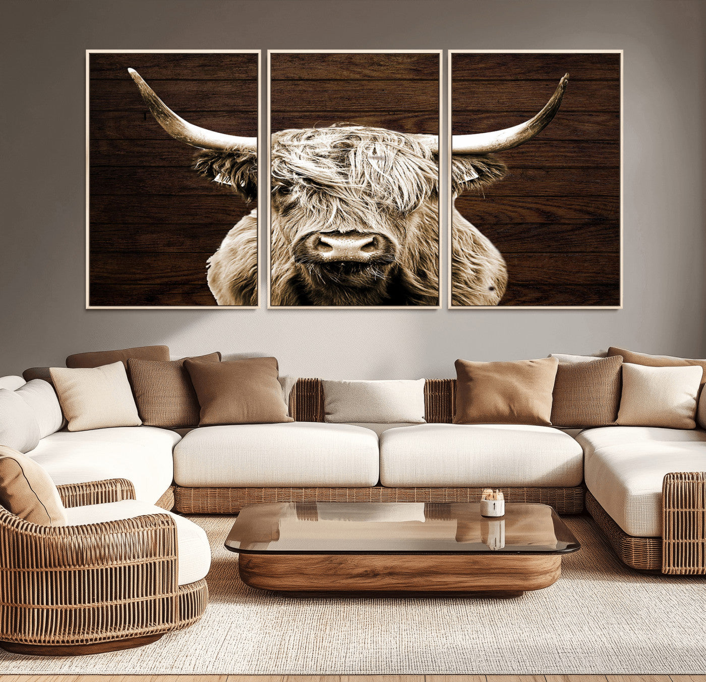 MGV-FC-60X30-3P - Highland Cow Wall Art Canvas Print, Rustic Farmhouse Decor, Majestic Scottish Highland Bull Portrait