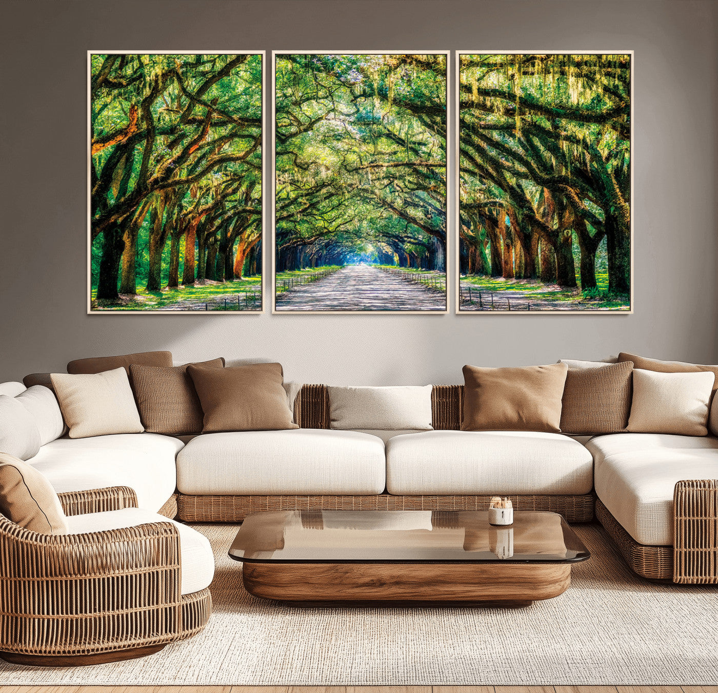 MGV-FC-60X30-3P - Serene Tree Tunnel Wall Art Canvas Print – Pathway Under Canopy of Lush Green Trees, Nature-Inspired