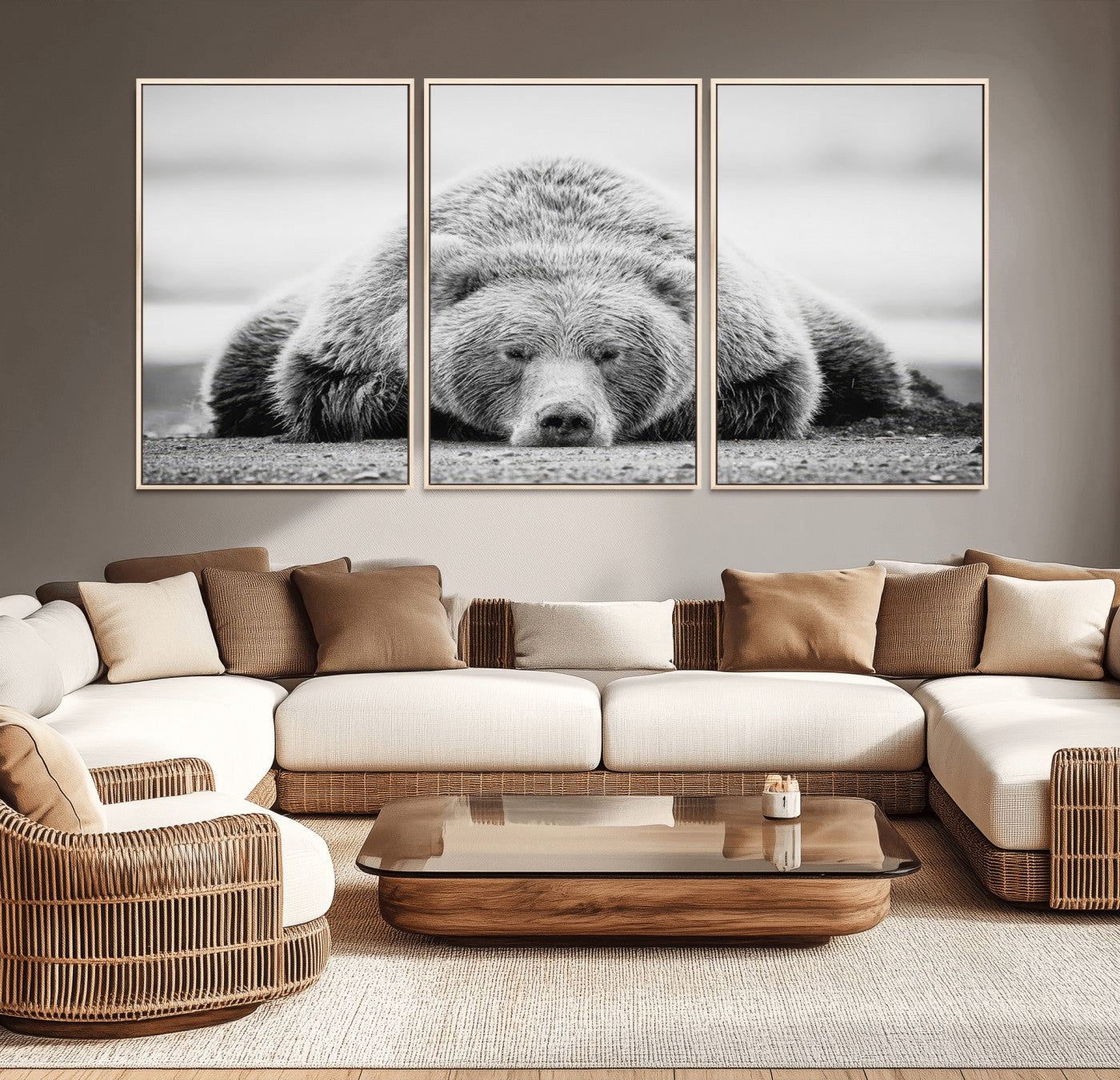 MGV-FC-60X30-3P - Resting Grizzly Bear Wall Art Canvas Print – Majestic Lazy Black and White Wildlife Bear Art,