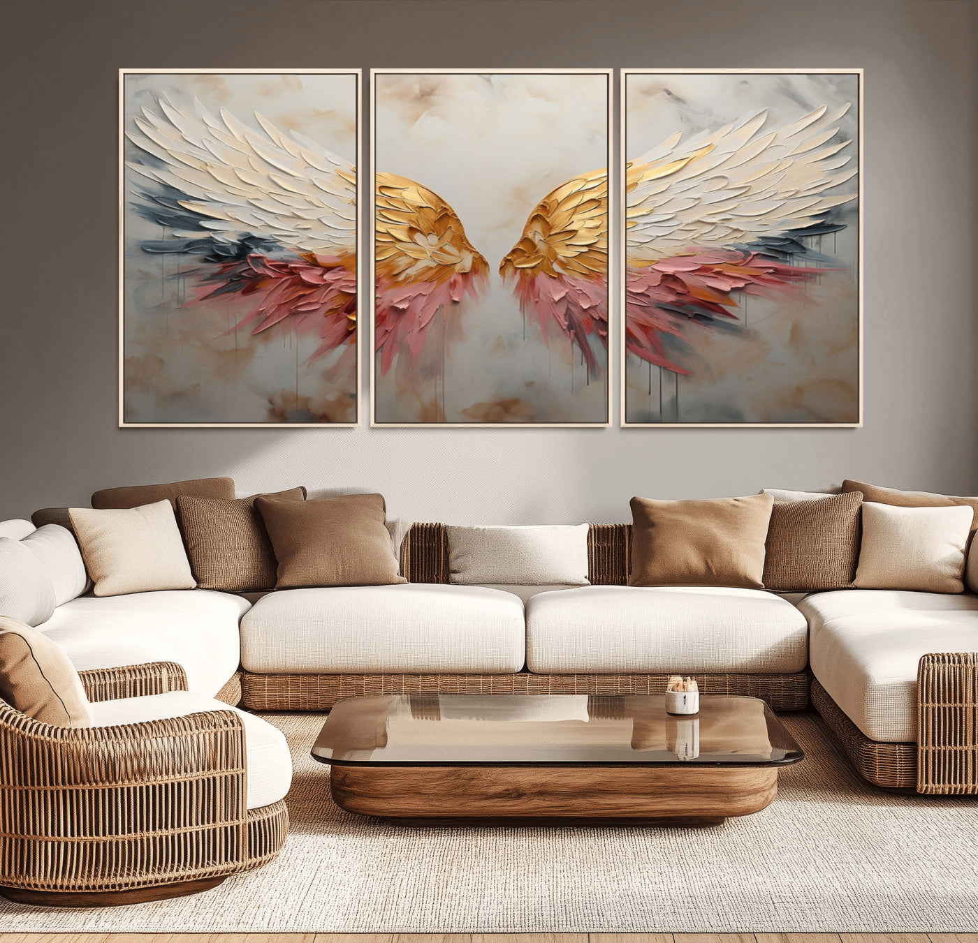 MGV-FC-60X30-3P - Golden Angel Wings Wall Art Canvas Print – Stunning Abstract Winged Art for Elegant Home Decor –