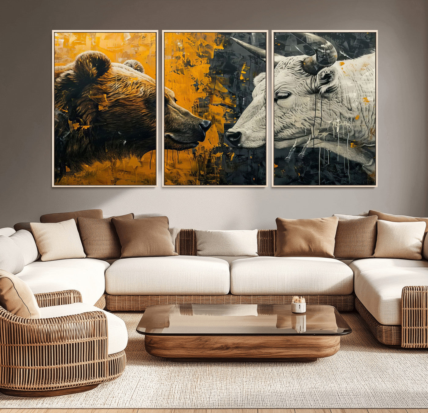 MGV-FC-60X30-3P - Bear and Bull Wall Art Canvas Print – Abstract Animal Portrait Painting for Modern Home Decor –