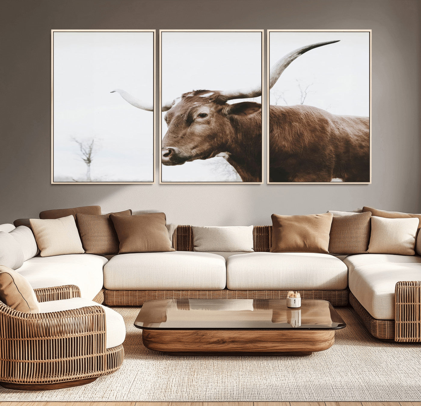 MGV-FC-60X30-3P - Rustic Bull Wall Art Canvas Print – Modern Longhorn Farmhouse Animal Decor – Abstract Farm Cow