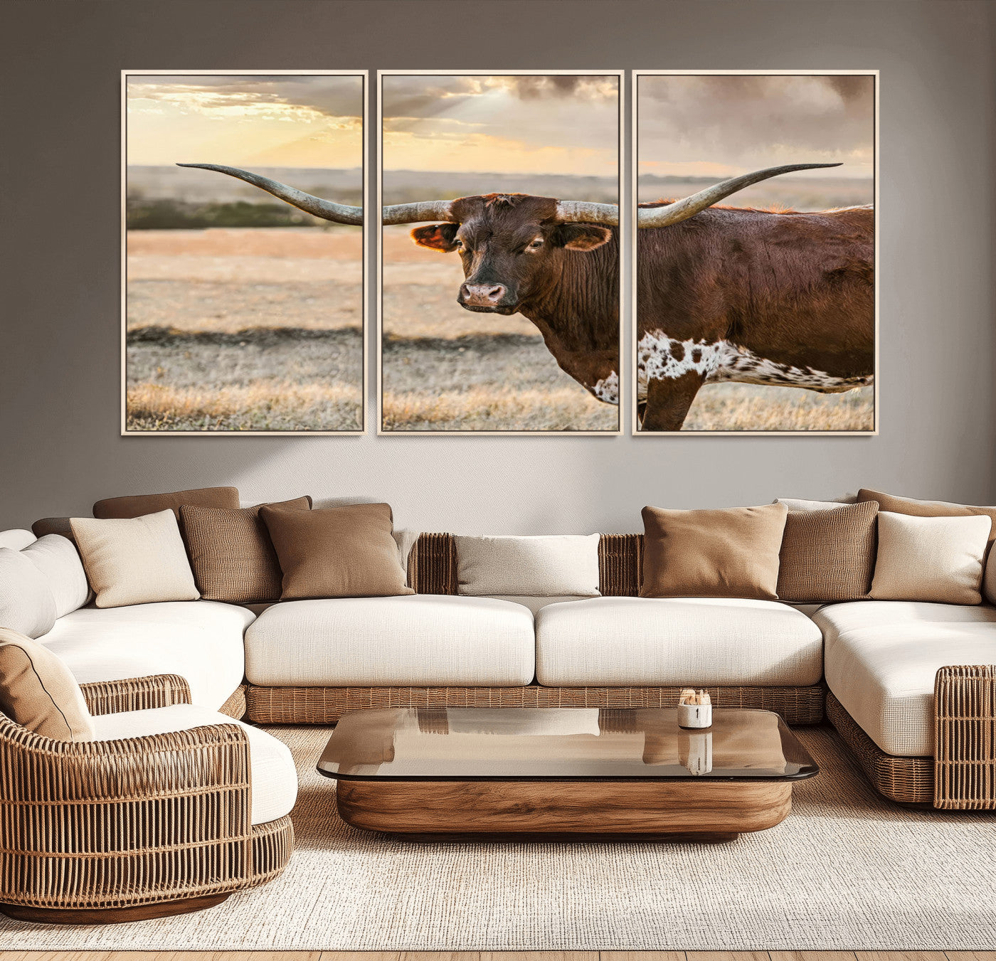 MGV-FC-60X30-3P - Texas Longhorn Wall Art Canvas Print, Rustic Ranch Decor, Majestic Western Longhorn Cattle