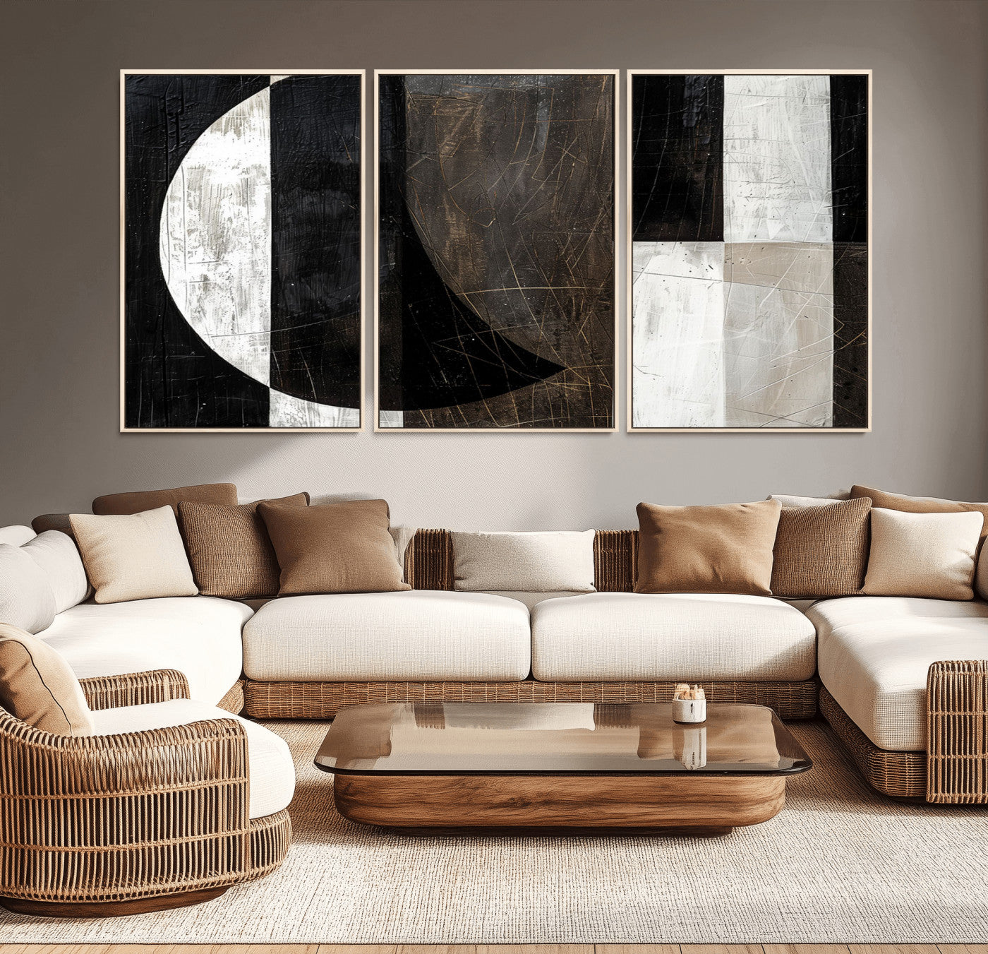 47880-MGV-FC-60X30-3P - Abstract Modern Wabi Sabi Wall Art Canvas Print Set – Minimalist Mid-Century Contemporary Artwork for Home, Office