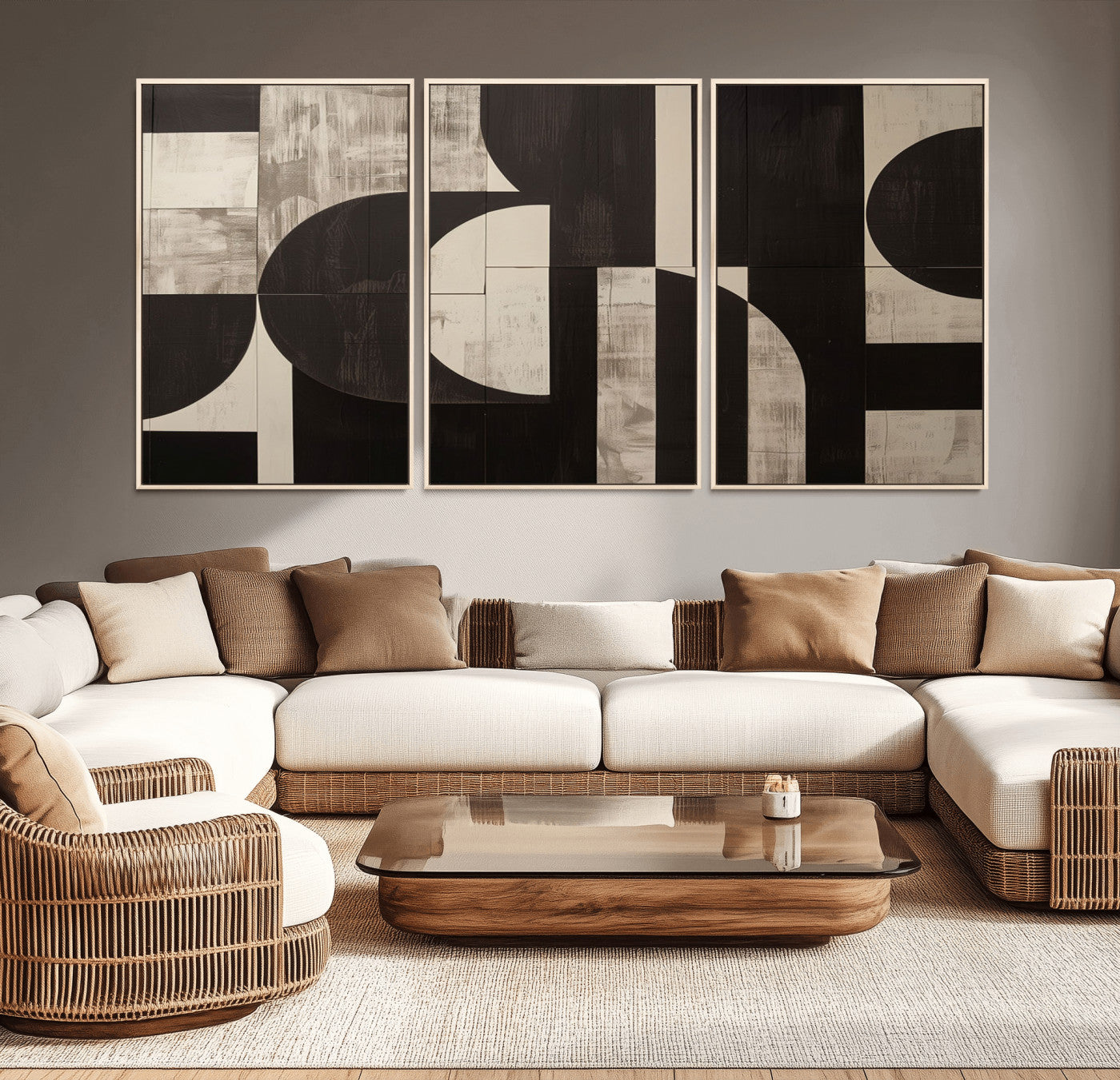 63644-MGV-FC-60X30-3P - Abstract Brown Wabi Sabi Canvas Print Set – Minimalist Mid-Century Wall Art Contemporary Artwork for Home, Office