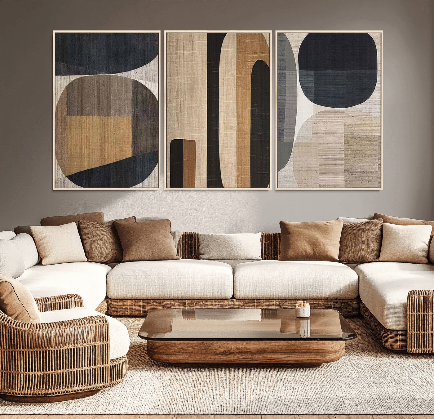 MGV-FC-60X30-3P - Abstract Minimalist Canvas Wall Art - Neutral Geometric Modern Boho Decor, Minimalist Brown Wabi