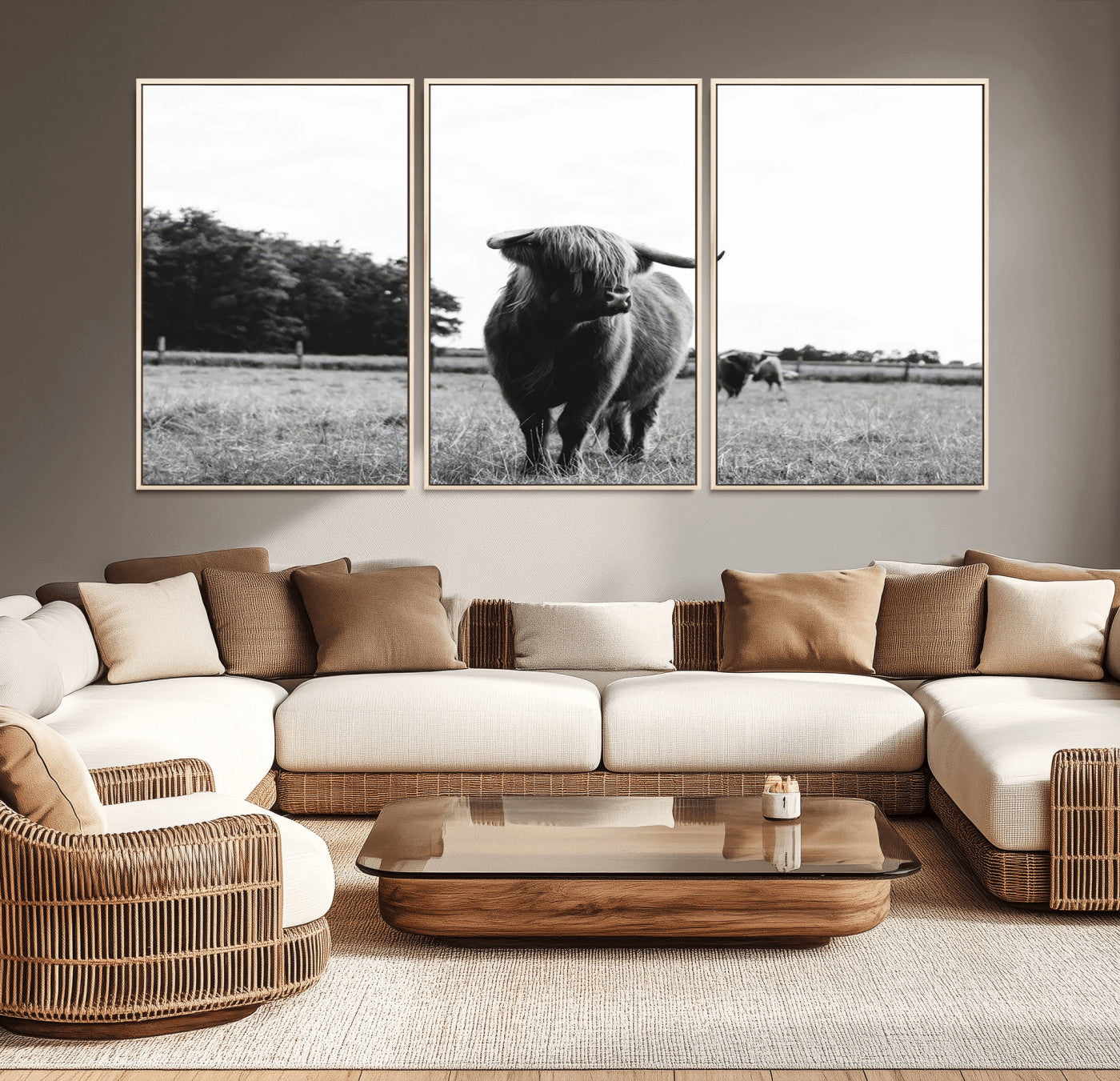 MGV-FC-60X30-3P - Black and White Highland Cow Wall Art Canvas Print | Rustic Western Decor for Living Room or Office,