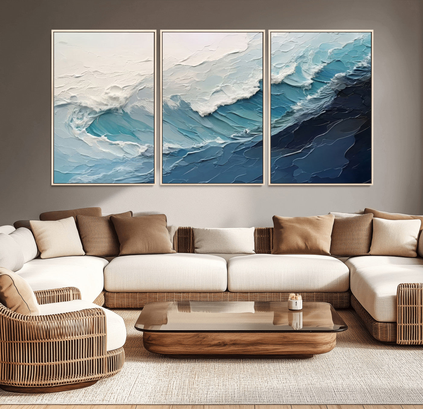 MGV-FC-60X30-3P - Ocean Wave Canvas Wall Art Print - Coastal Wall Decor for Living Room - Large Ocean Wave Wall Art