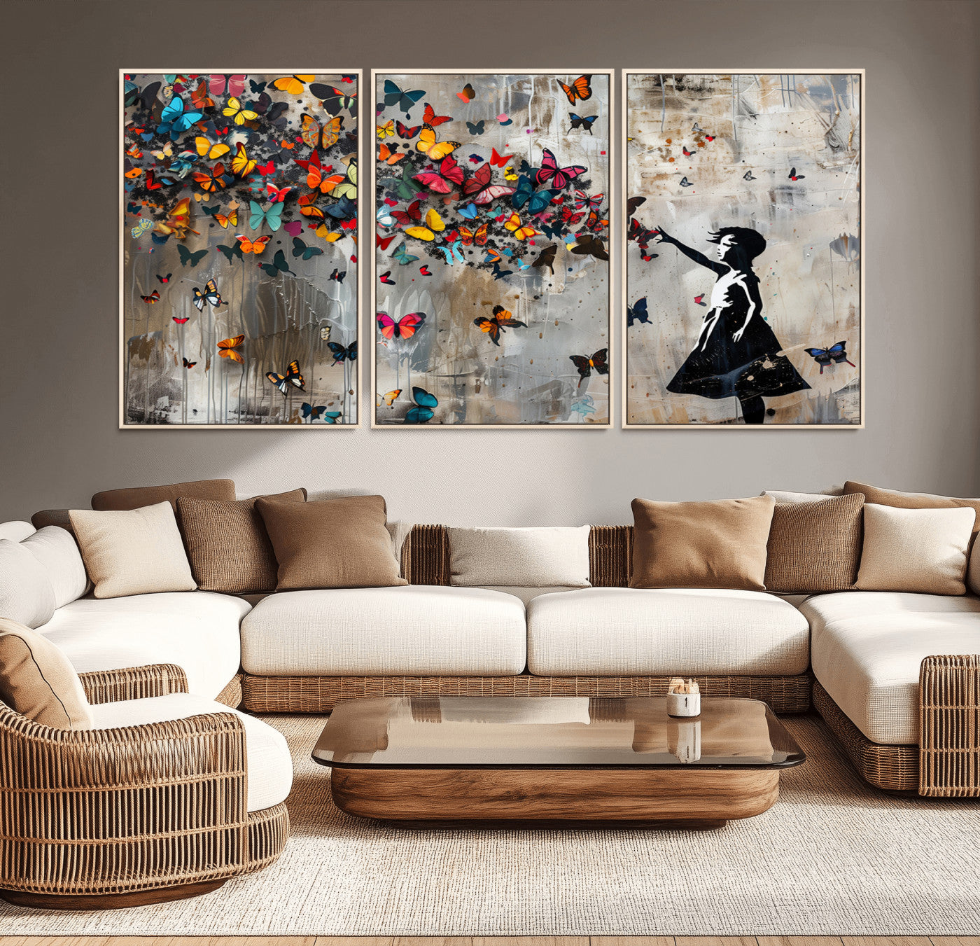 MGV-FC-60X30-3P - Banksy Wall Art - Banksy Girl and Butterfly Explosion Wall Art Canvas Print | Girl with Butterflies