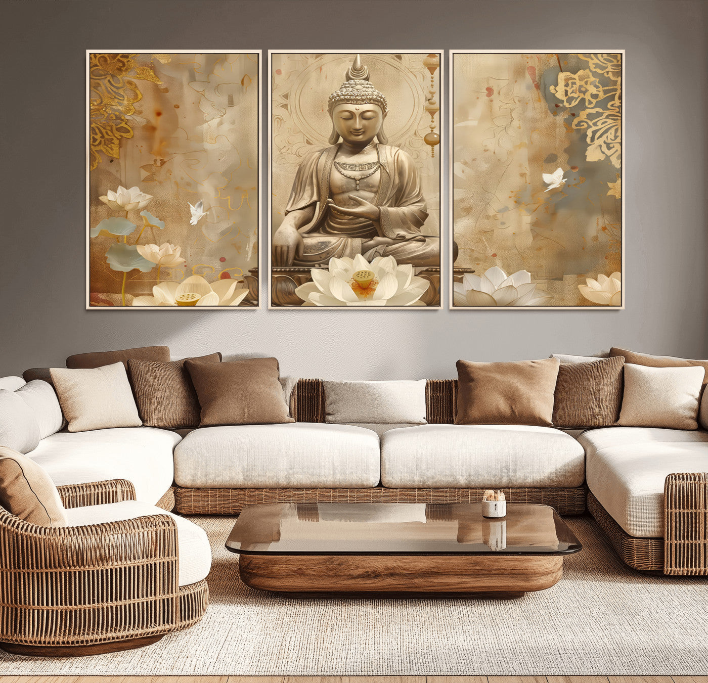 MGV-FC-60X30-3P - Buddha Wall Art Canvas Print, Buddha Meditation Room Decor, Yoga Room Wall Decor