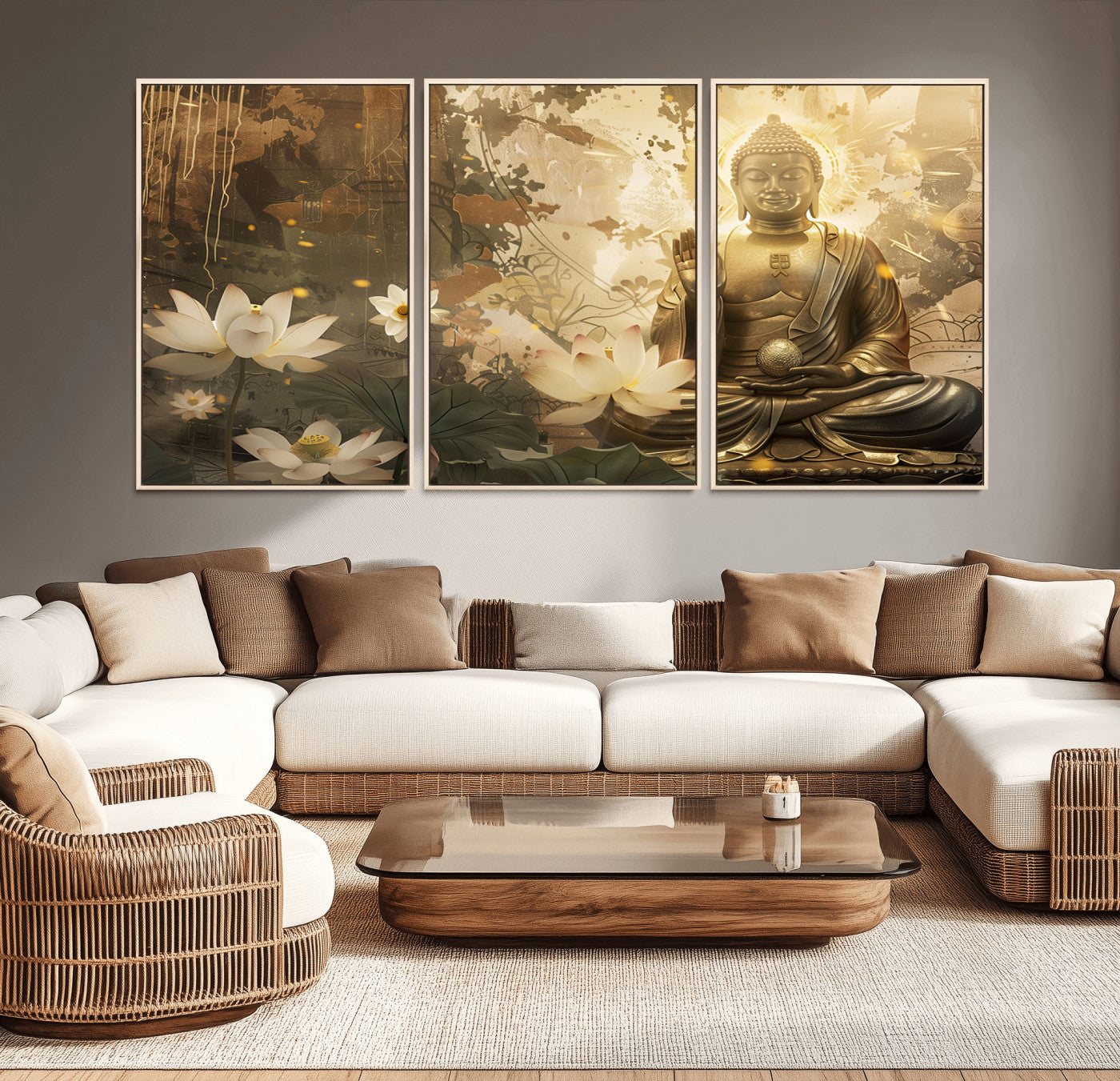 MGV-FC-60X30-3P - Zen Buddha Wall Art Canvas Print | Peaceful Meditation Decor with Lotus Flowers | Spiritual Serenity