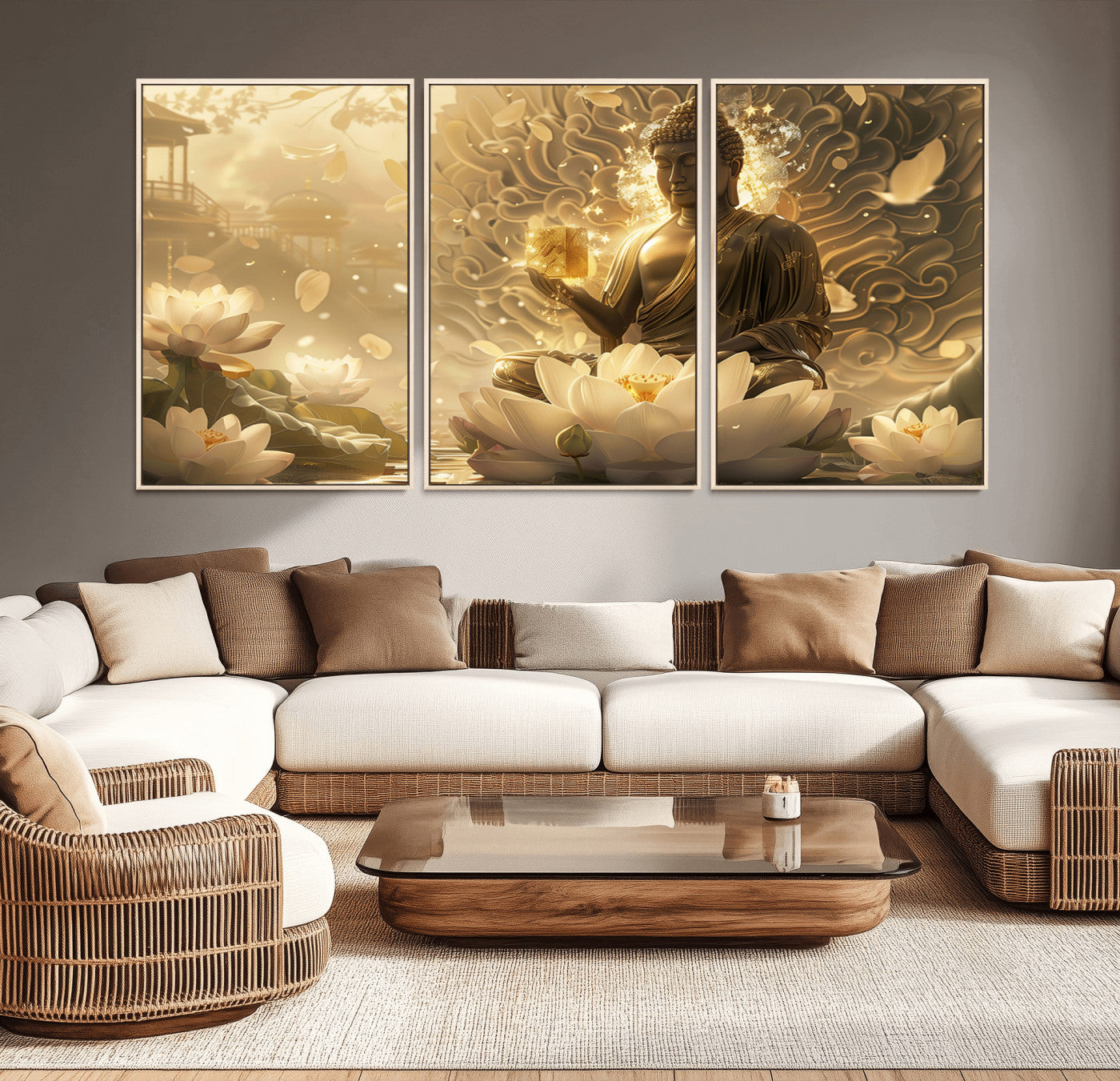 MGV-FC-60X30-3P - Golden Buddha Wall Art | Yoga Room Decor and Meditation Room Wall Art | Framed and Ready to Hang