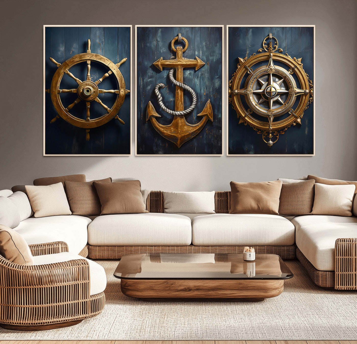 MGV-FC-60X30-3P - Boat Anchor Compass With Rope Wall Art Canvas Print | Beach House Wall Art