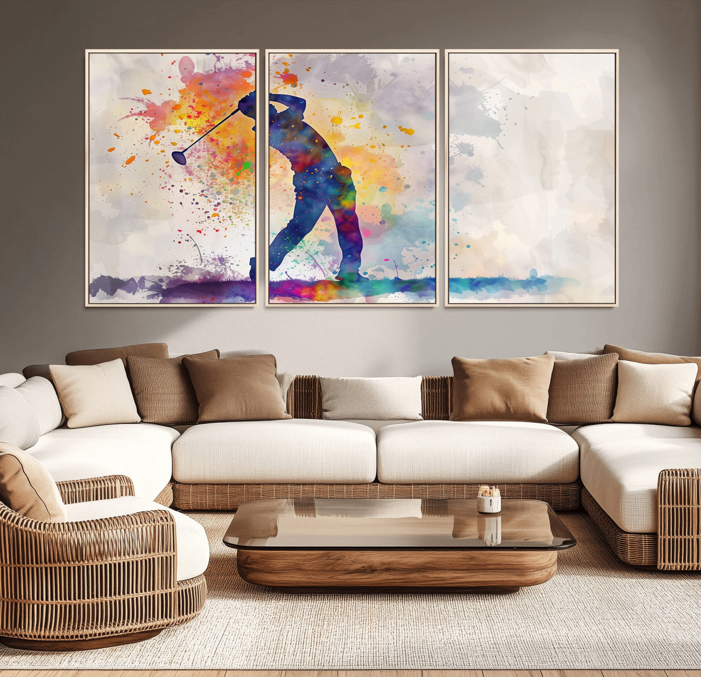 MGV-FC-60X30-3P - Watercolor Golf Swing Wall Art Canvas Print | Vibrant Abstract Golf Player Silhouette |