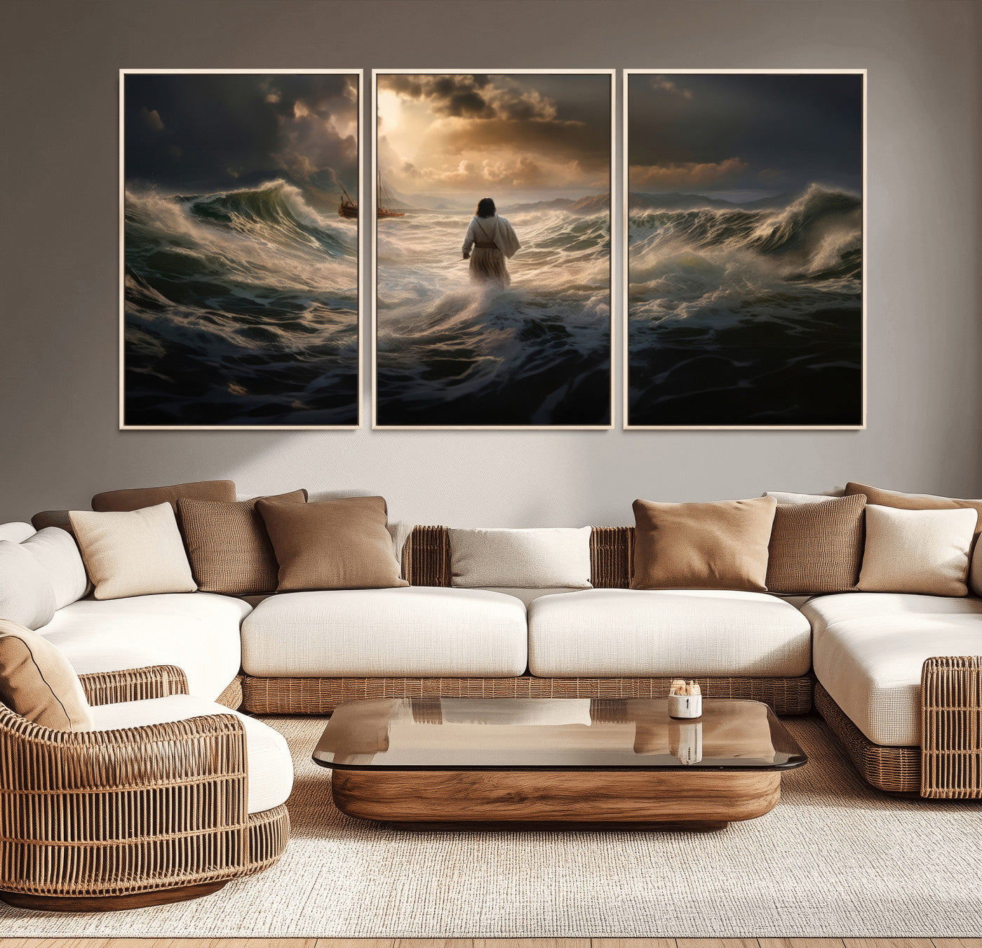 MGV-FC-60X30-3P - Jesus Walking on Water Wall Art Canvas Print - Religious Spiritual Decor - Jesus Wall Art Canvas
