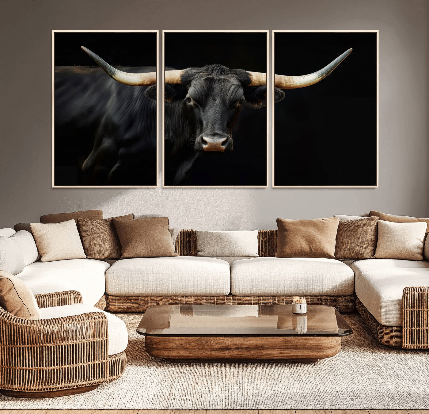 MGV-FC-60X30-3P - Texas Longhorn Cow | Majestic Black Bull Wall Art Canvas Print - Farmhouse Animal Decor - Ready to