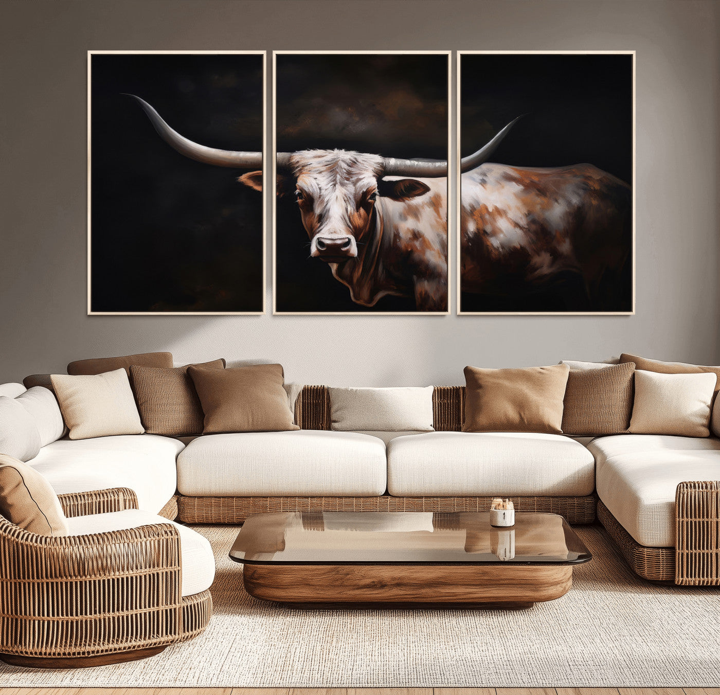 MGV-FC-60X30-3P - Texas Longhorn Wall Art Canvas Print | Western Ranch Decor | Bold Rustic Cattle Artwork | Ready to