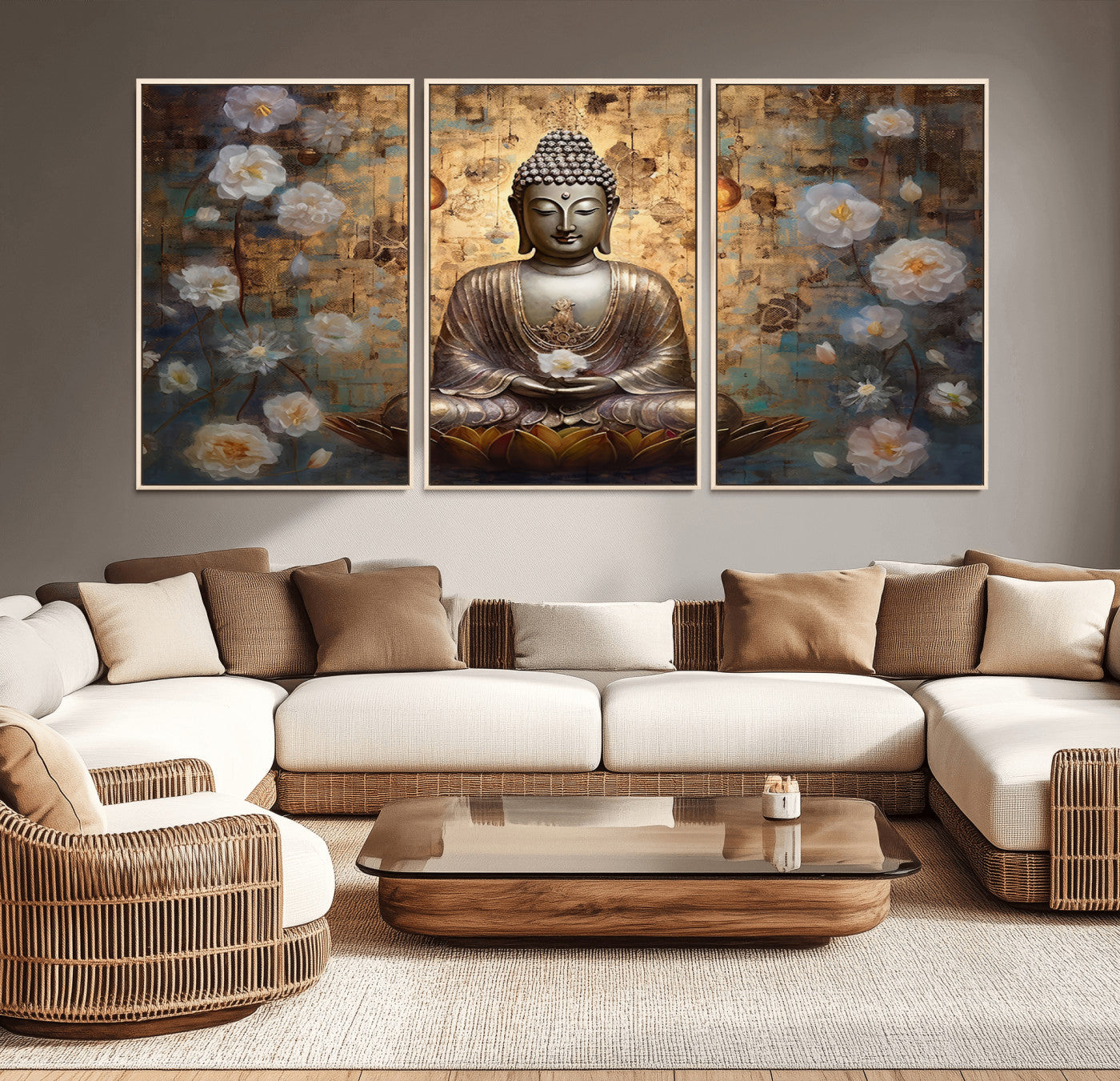 MGV-FC-60X30-3P - Golden Buddha Wall Art Canvas Print | Zen Meditation Floral Decor | Tranquil Spiritual Home Art |
