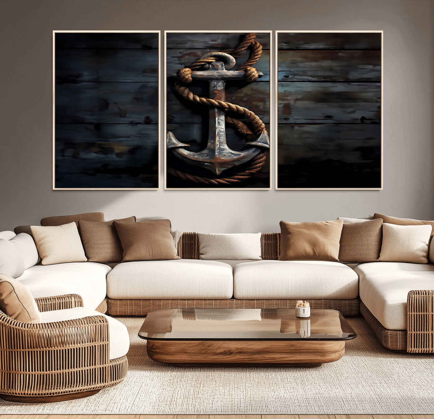 20984-MGV-CV-36X24-3 Panel Grunge Abstract Anchor Wall Art Canvas Print Set