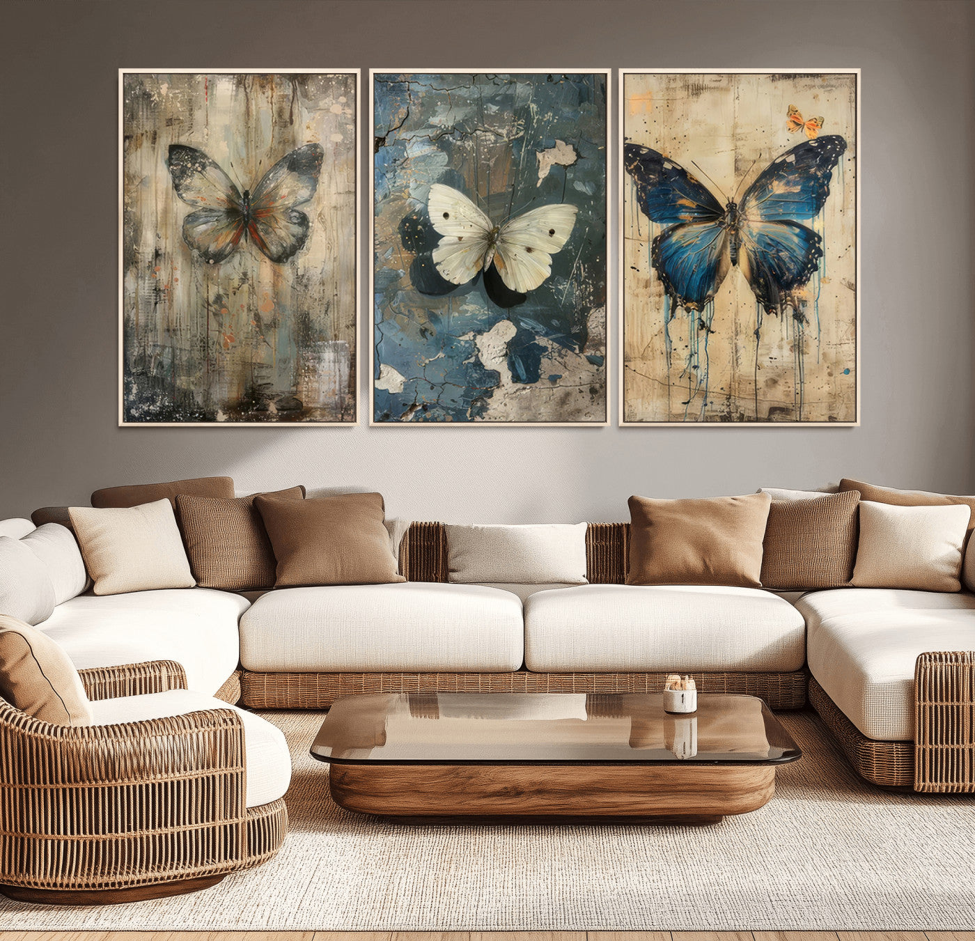 MGV-FC-60X30-3P - Butterfly Wall Art Trio | Vintage Butterfly Canvas Print | Ready to Hang Framed Artwork for