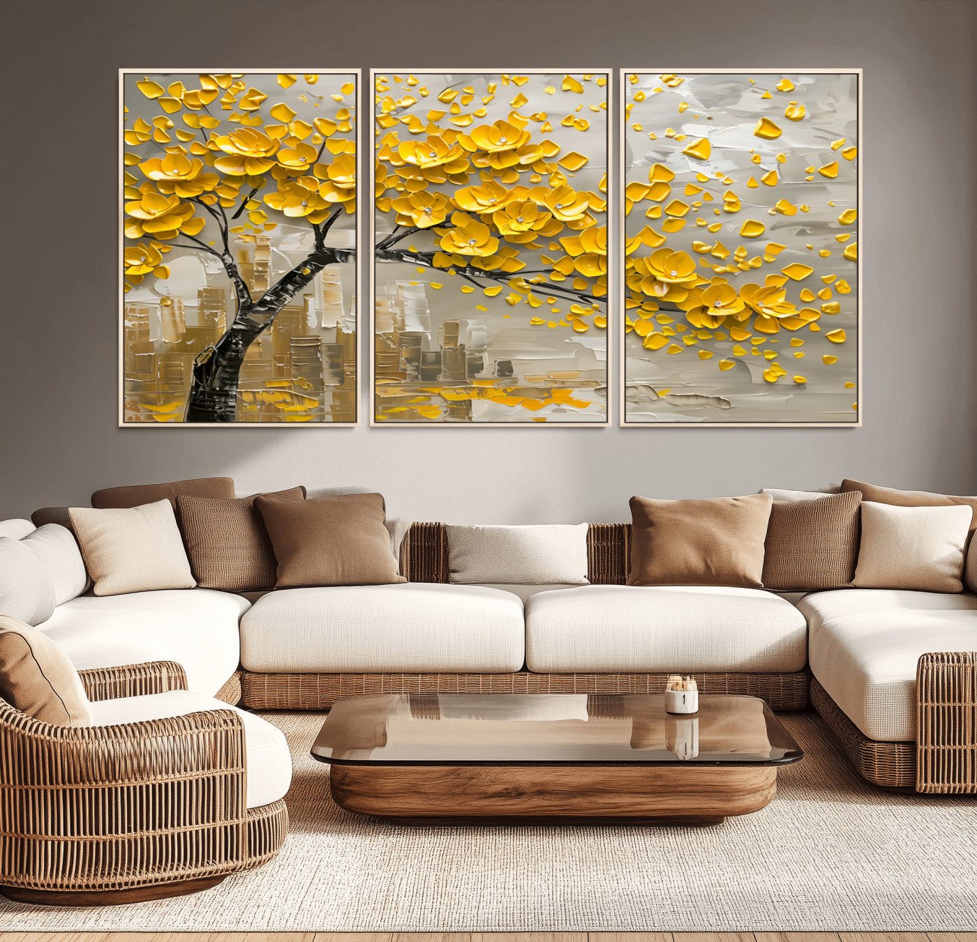 MGV-FC-60X30-3P - Yellow Blossom Tree Canvas Wall Art - Floral Abstract Modern Contemporary Artwork for Living Room or