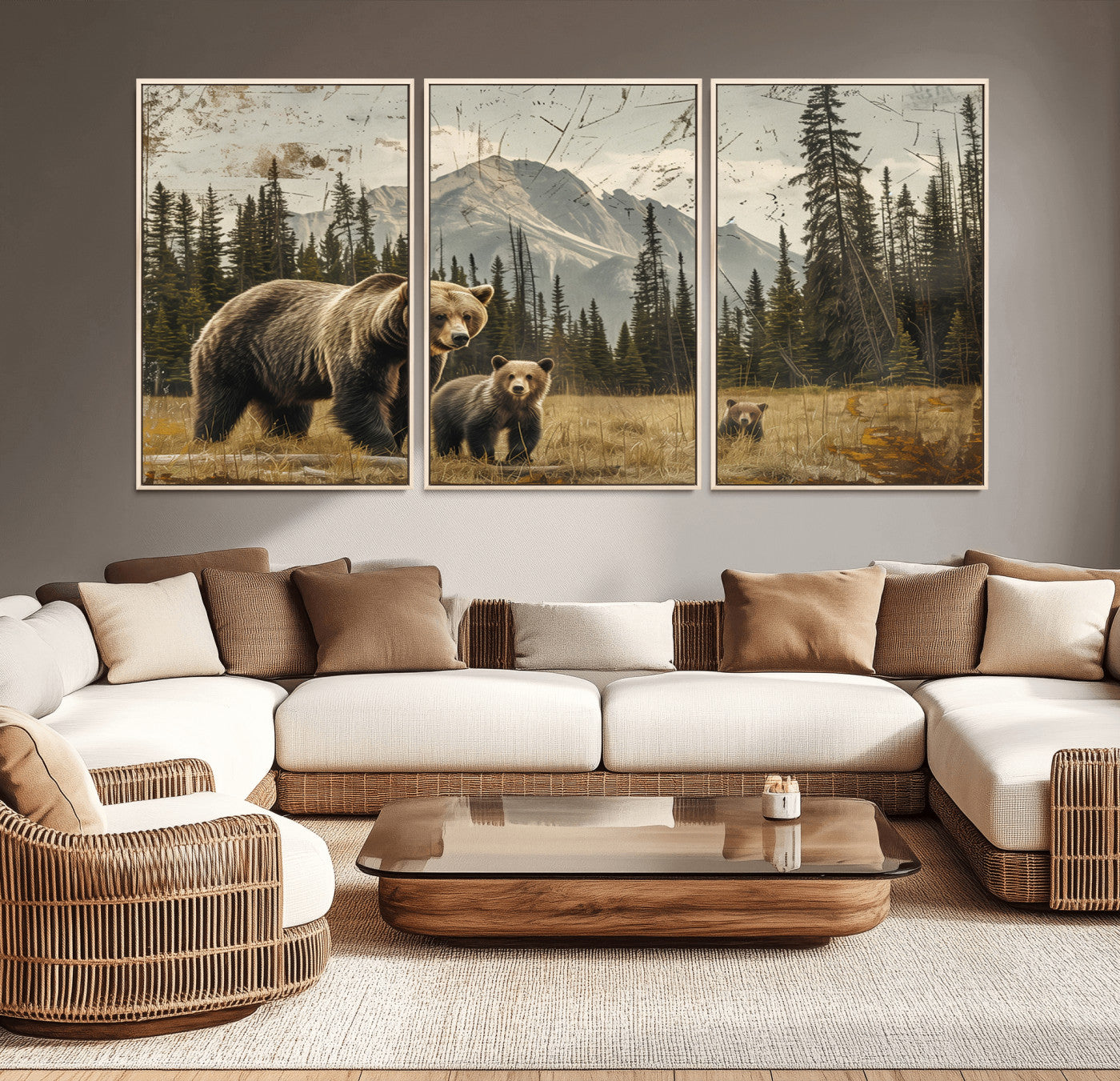 MGV-FC-60X30-3P - Rustic Grizzly 399 Bear Family Wall Art Canvas Print