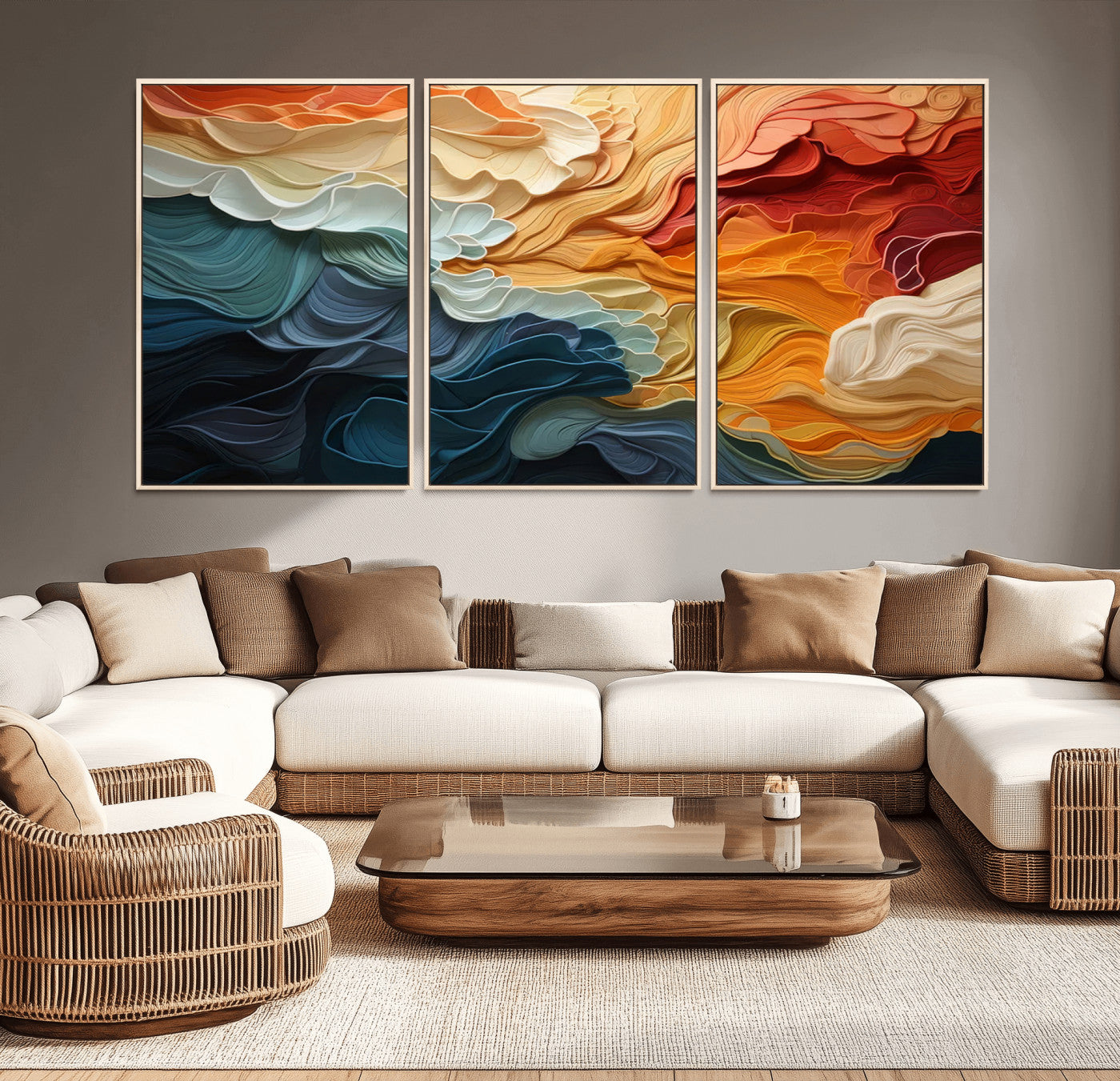 MGV-FC-60X30-3P - Blue Orange Abstract Wave Wall Art Canvas Print, Framed Blue Orange Wave Wall Art